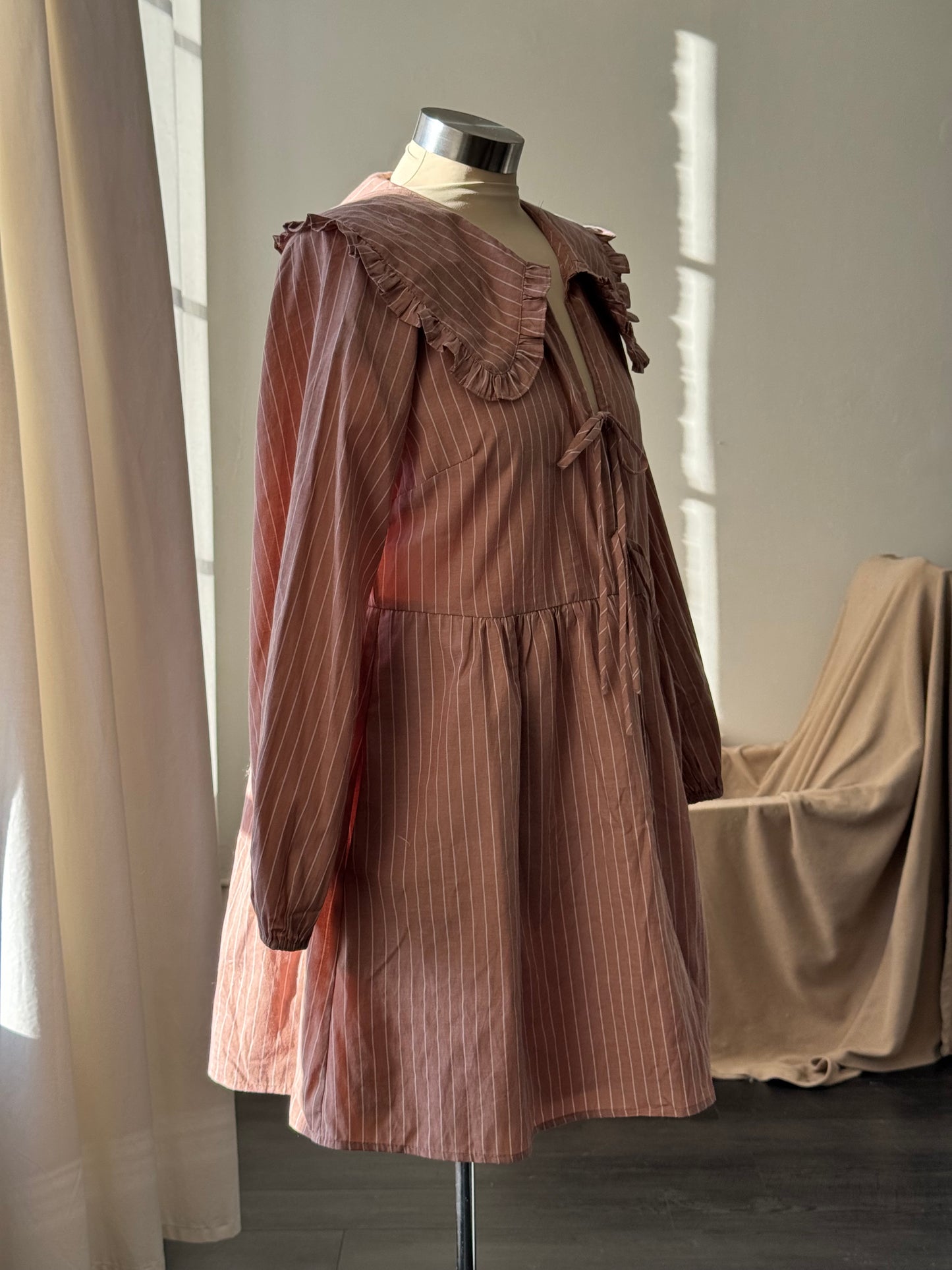 Odessa Striped Tie Front Ruffle Collar Cotton Dress In Malt