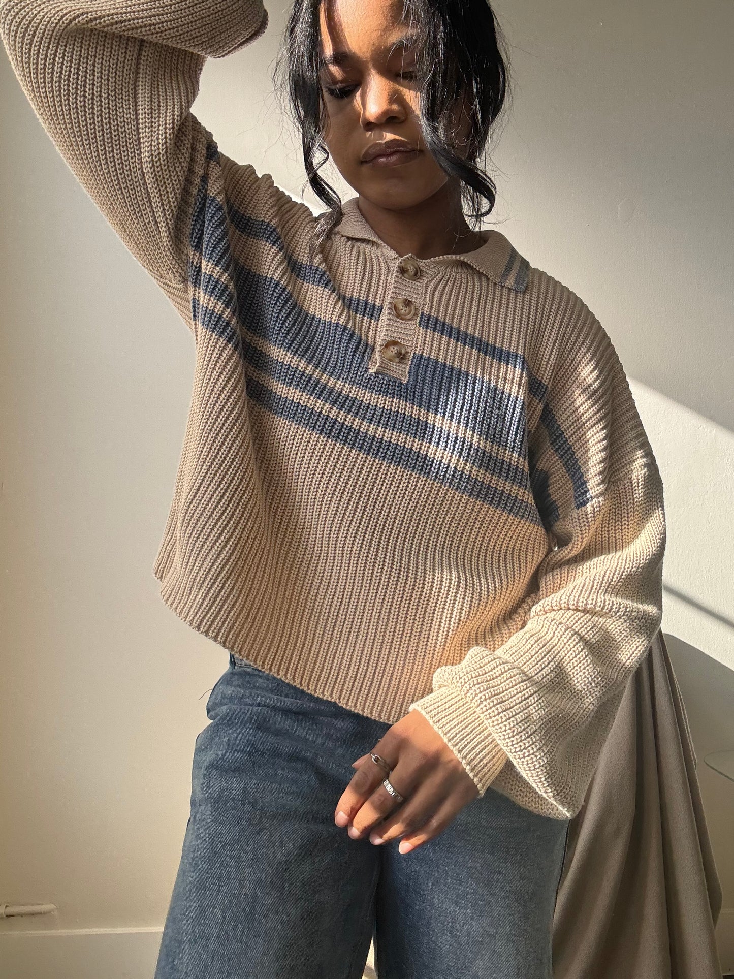 Malcolm Cotton Classic 90s Style Cropped Sweater In Vintage Blue