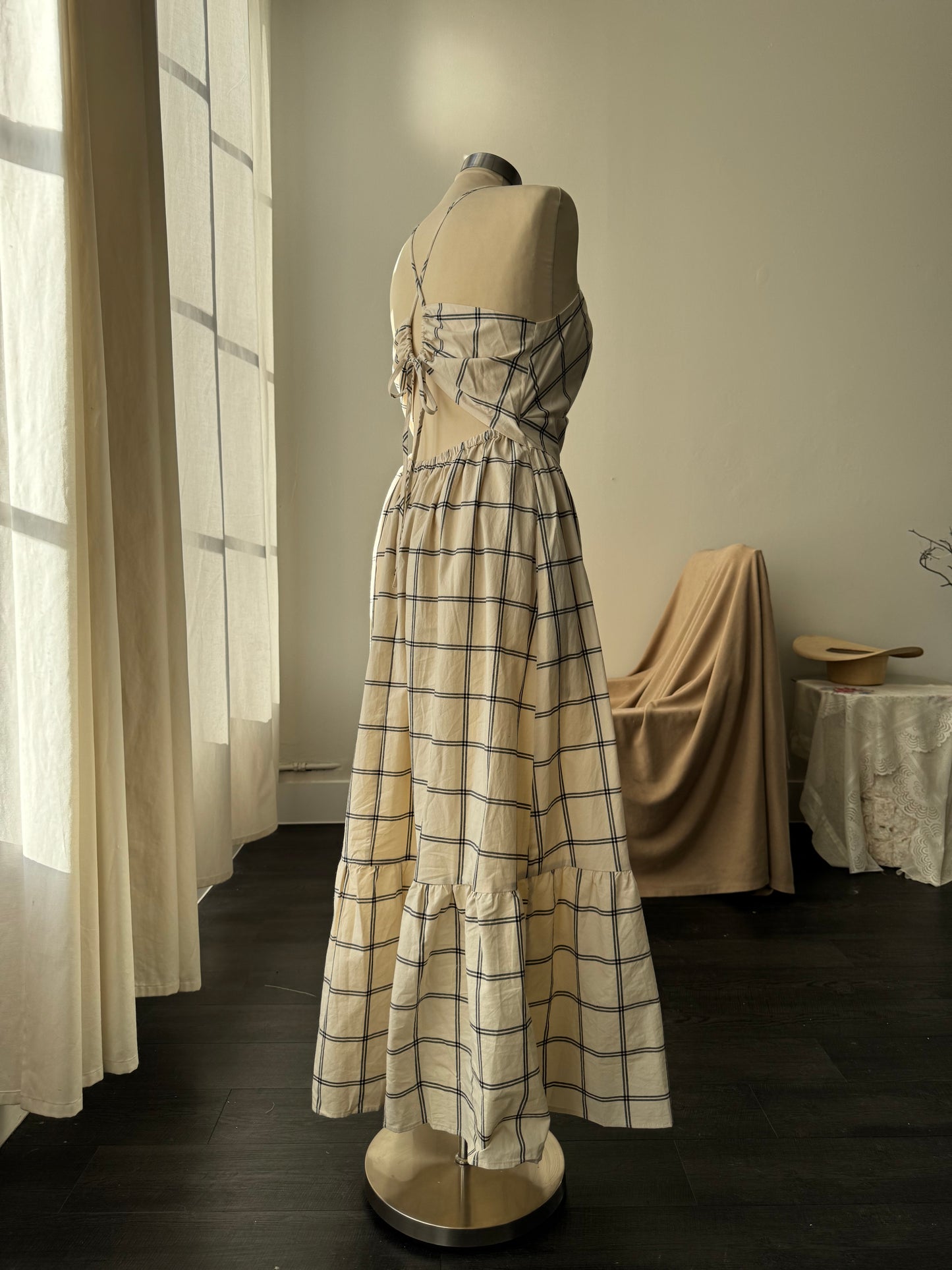 Lydia Cotton Plaid Maxi Dress In Cream￼