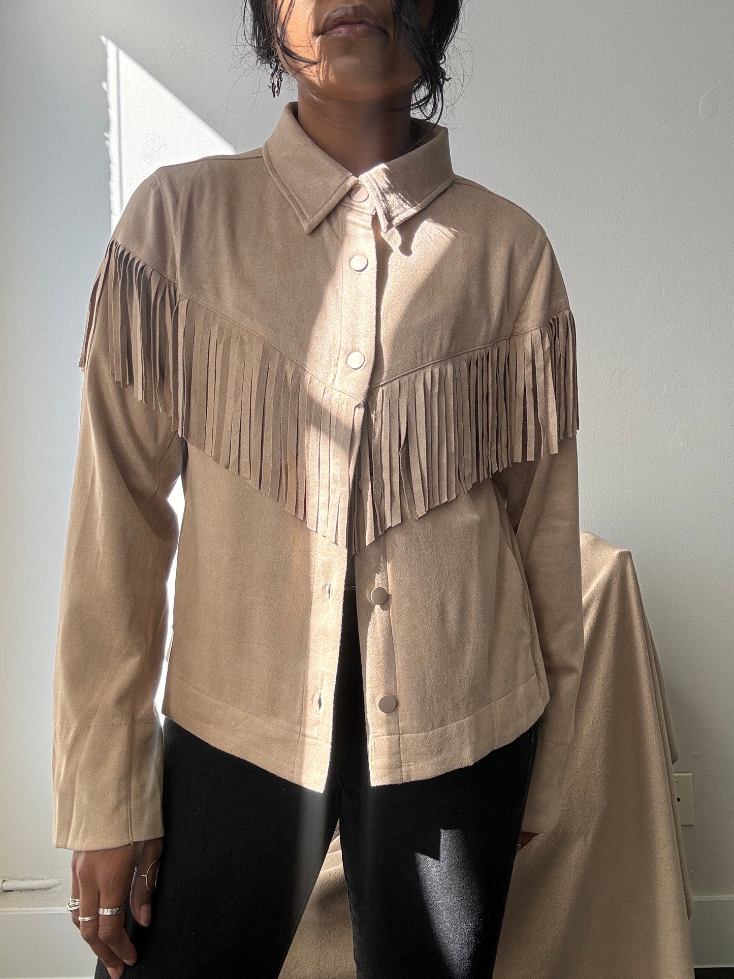 Brooks Cropped Fringe Suede Modern Western Shacket In Taupe