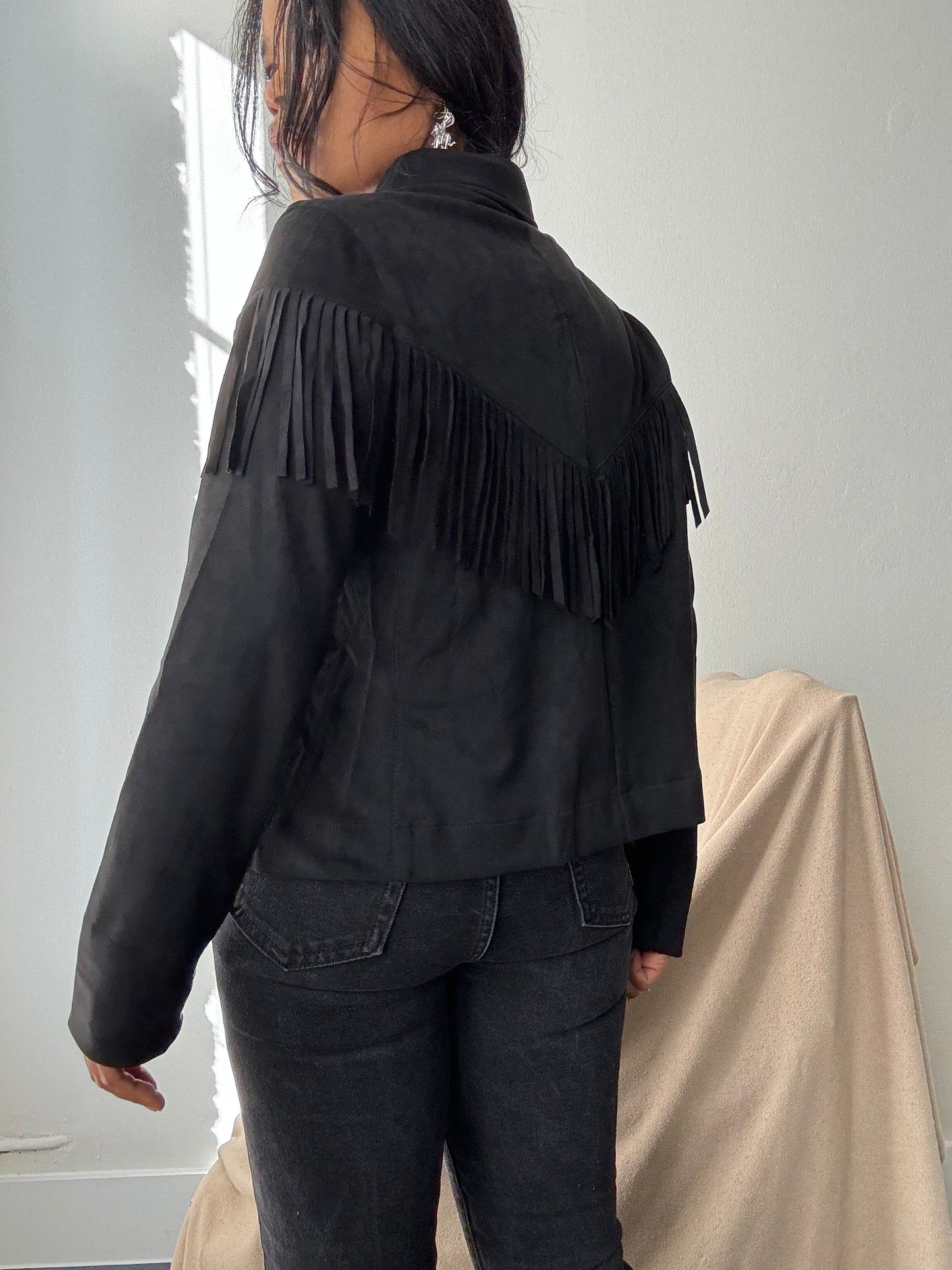 Brooks Cropped Fringe Suede Modern Western Shacket In Black