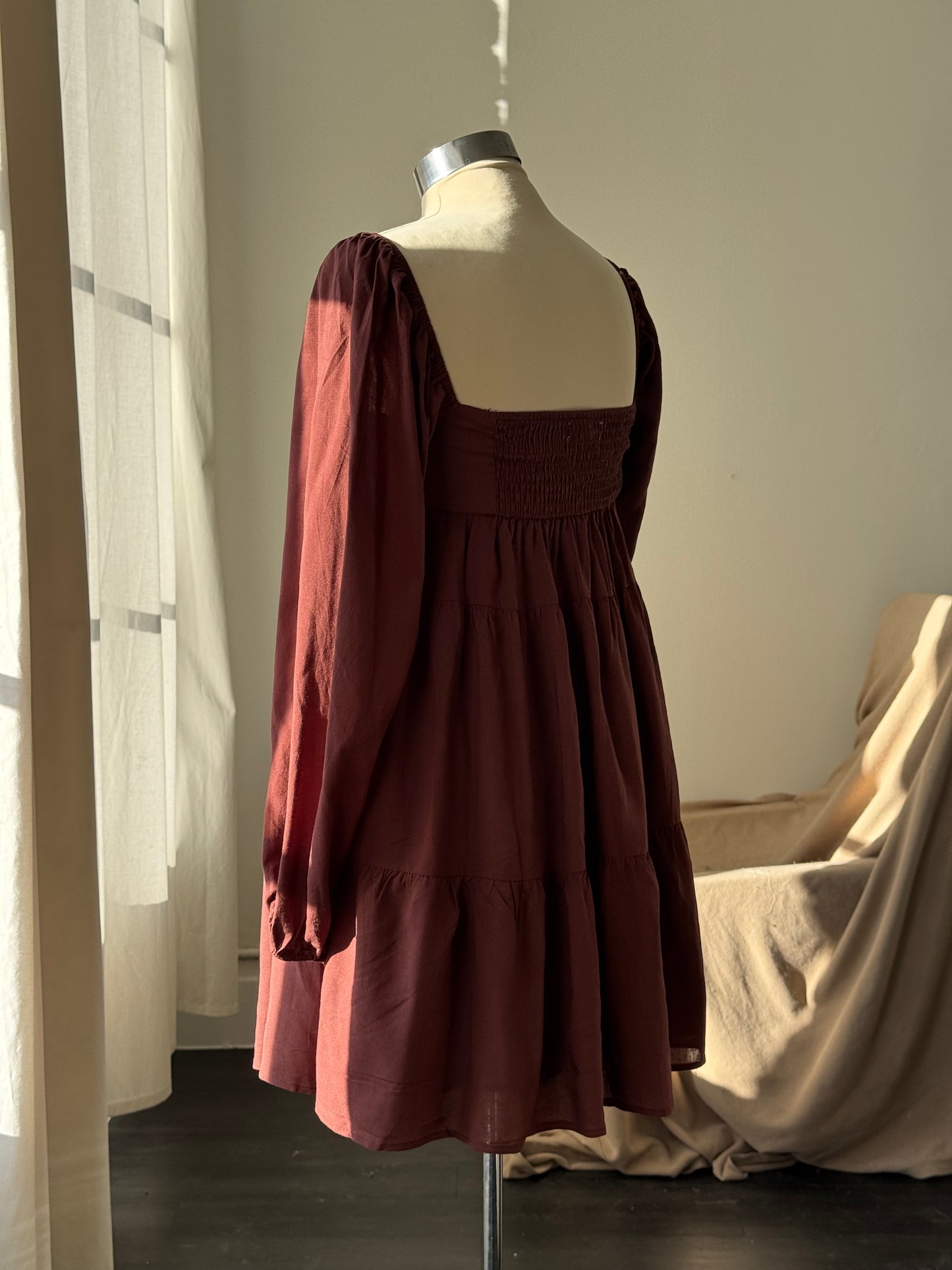 Fluorine Linen Balloon Sleeve Tie Front Dress In Chocolate Brown￼