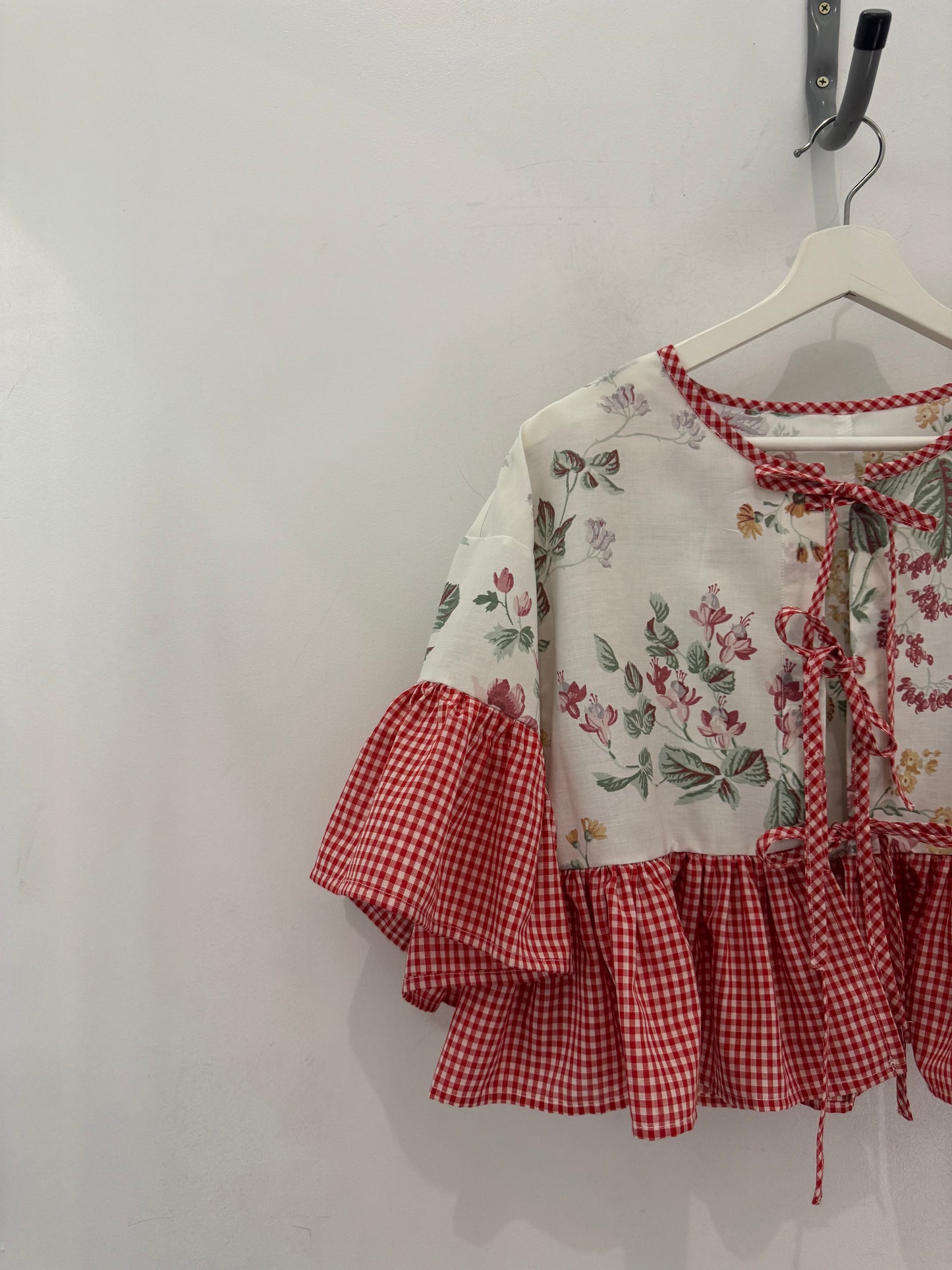 Joycie Vintage Handcrafted Gingham Floral Ruffle Top