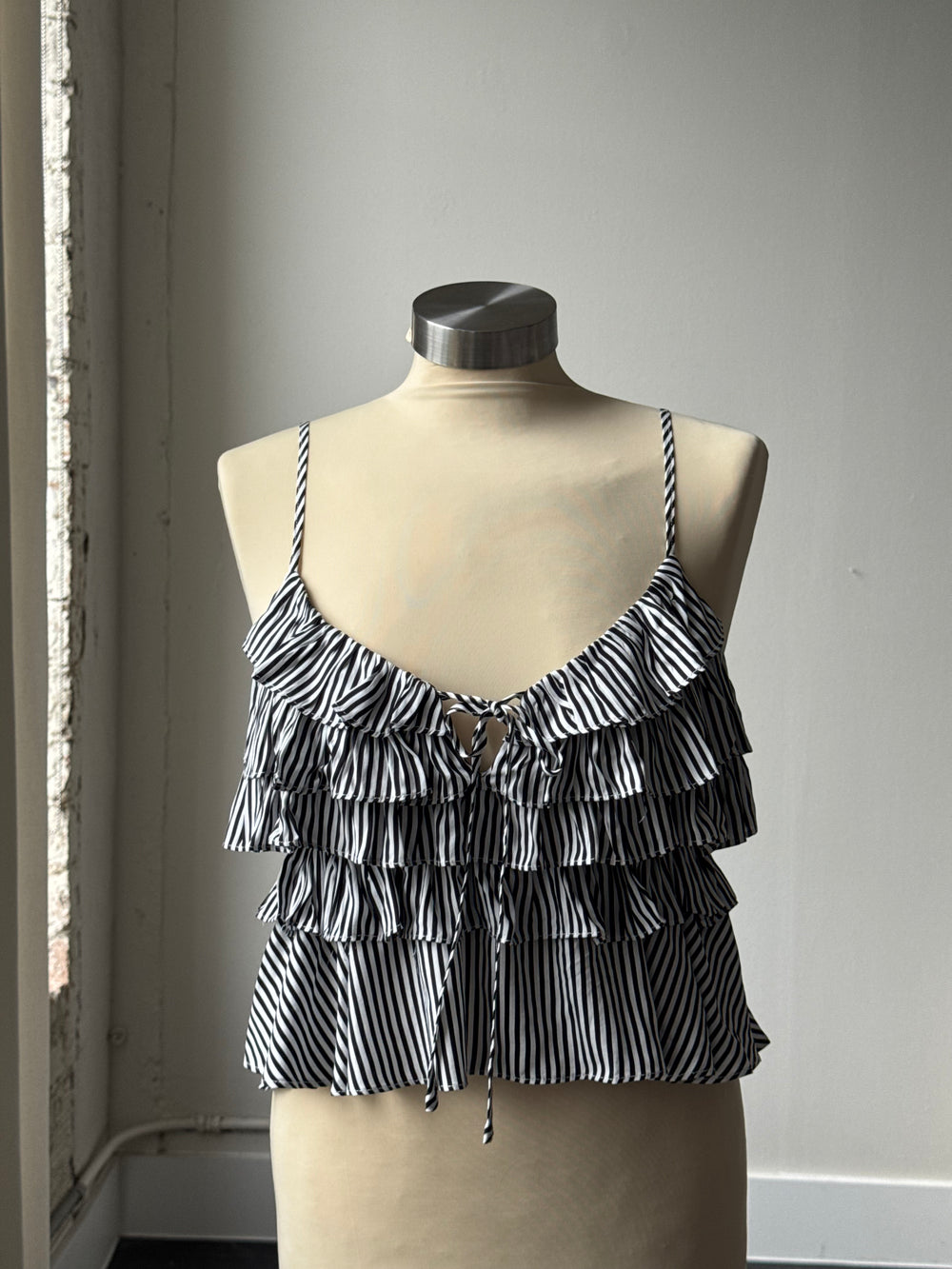 Megan Striped Ruffle Spaghetti Strap Top In Black