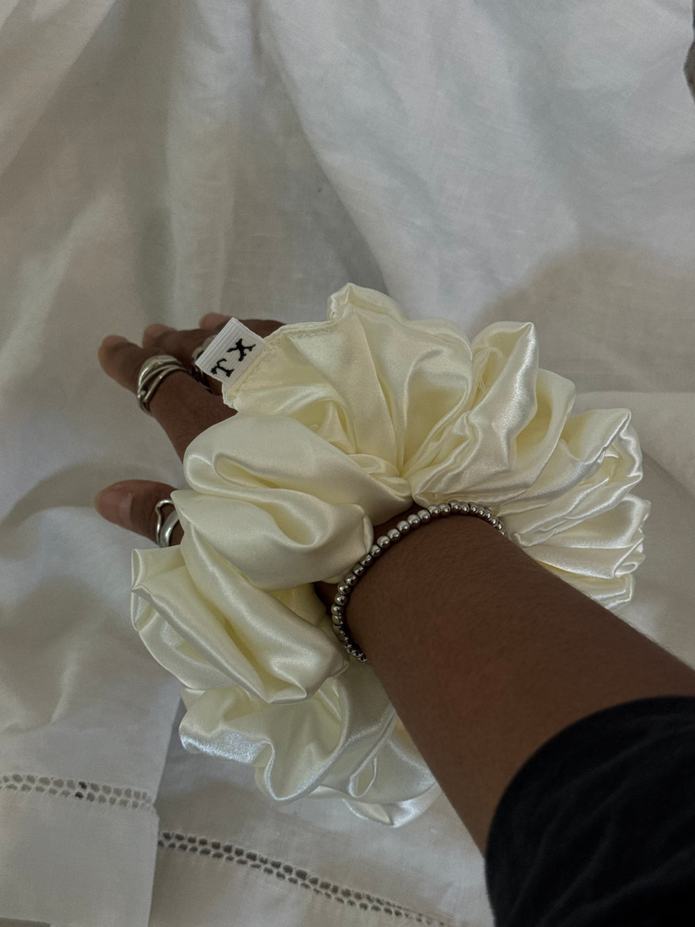 Paula Handcrafted Texas Sized Satin Scrunchie In Ivory