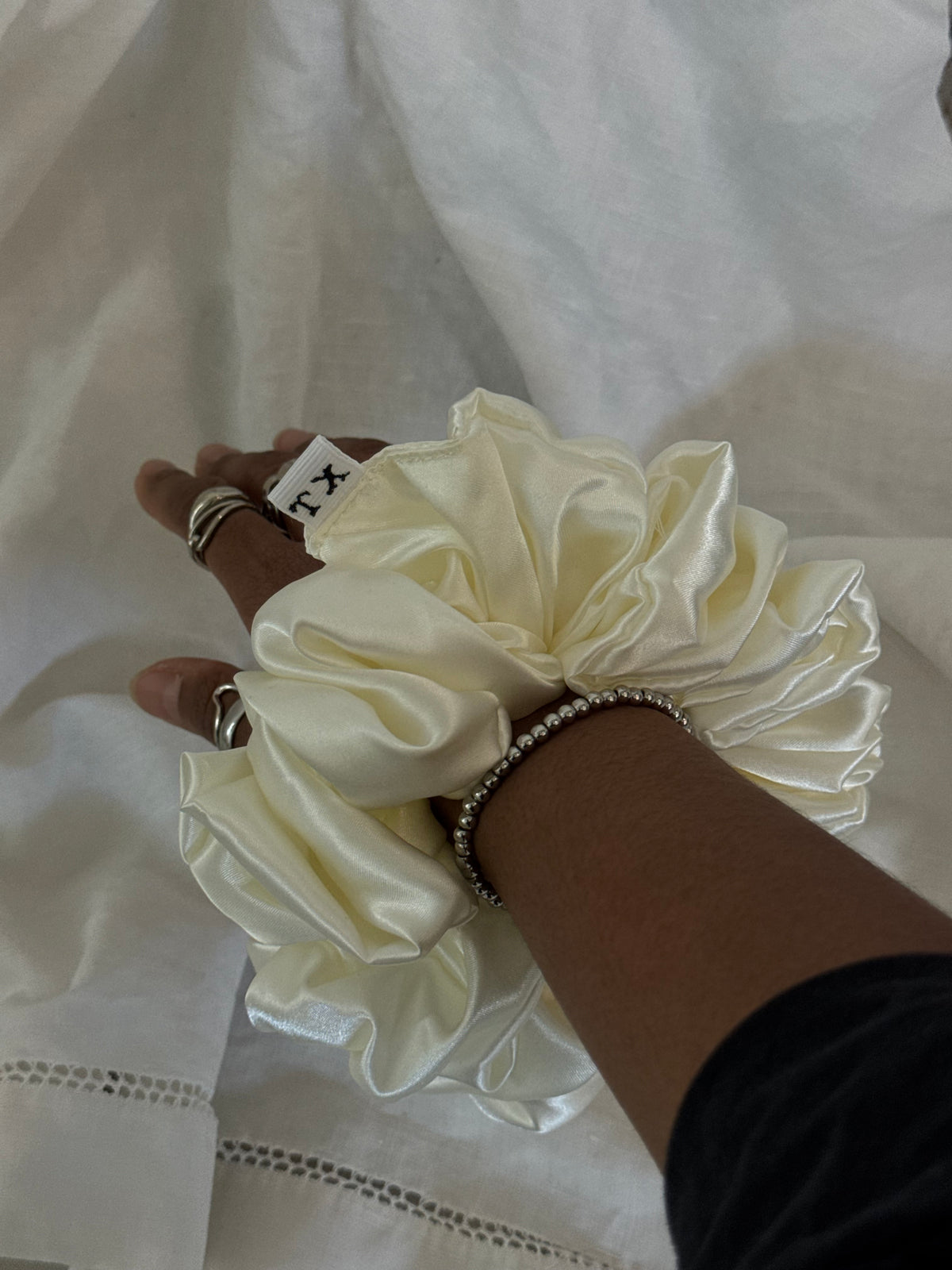Paula Handcrafted Texas Sized Satin Scrunchie In Ivory