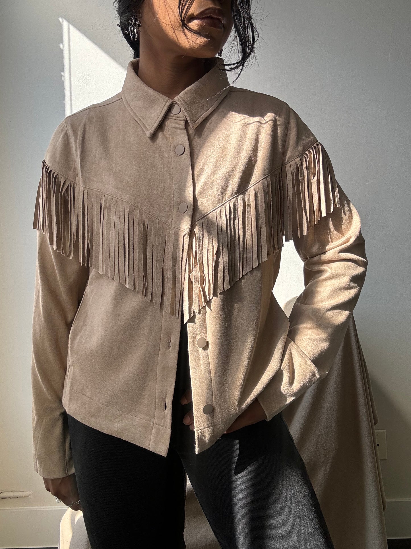 Brooks Cropped Fringe Suede Modern Western Shacket In Taupe