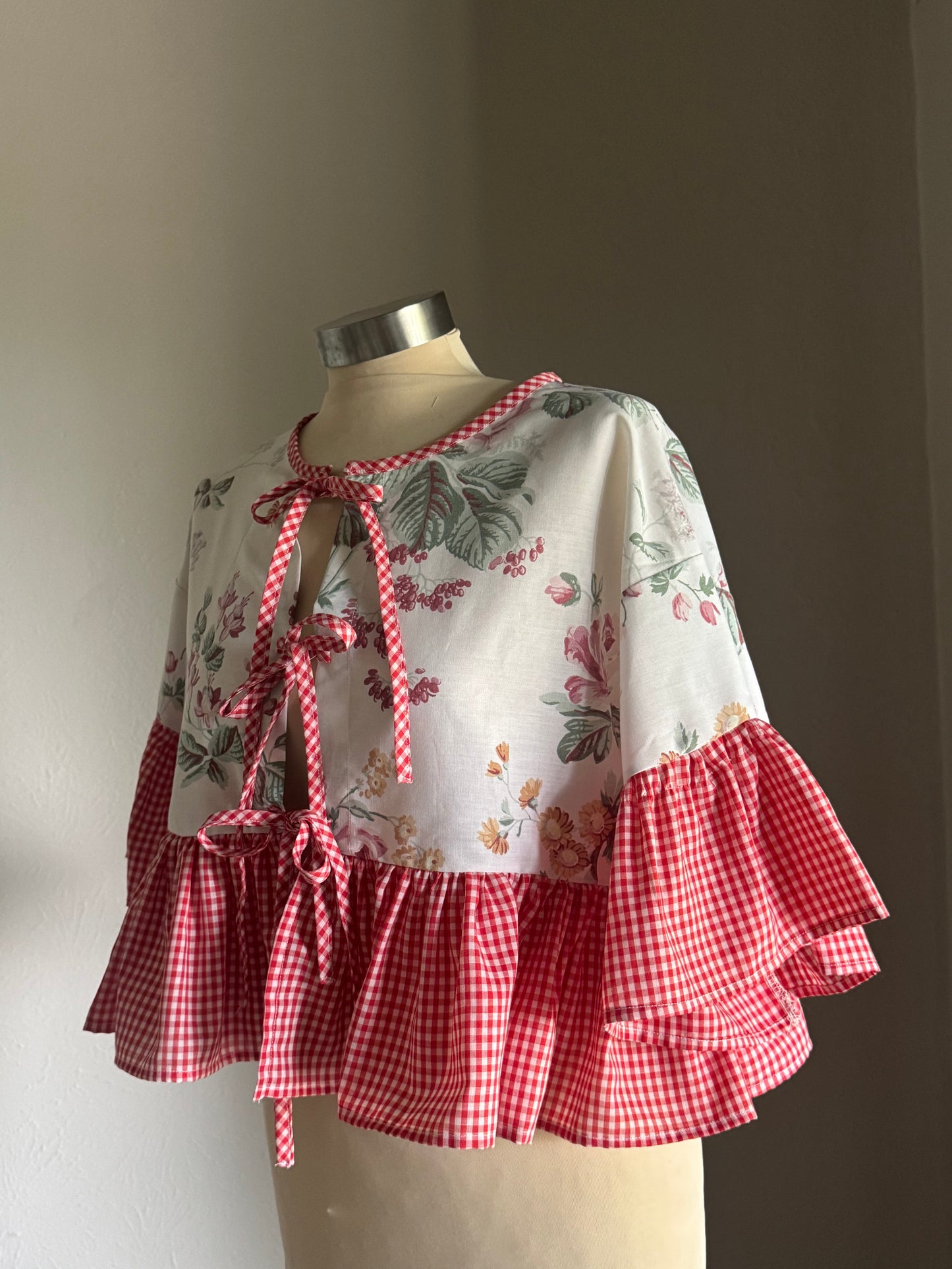 Joycie Vintage Handcrafted Gingham Floral Ruffle Top
