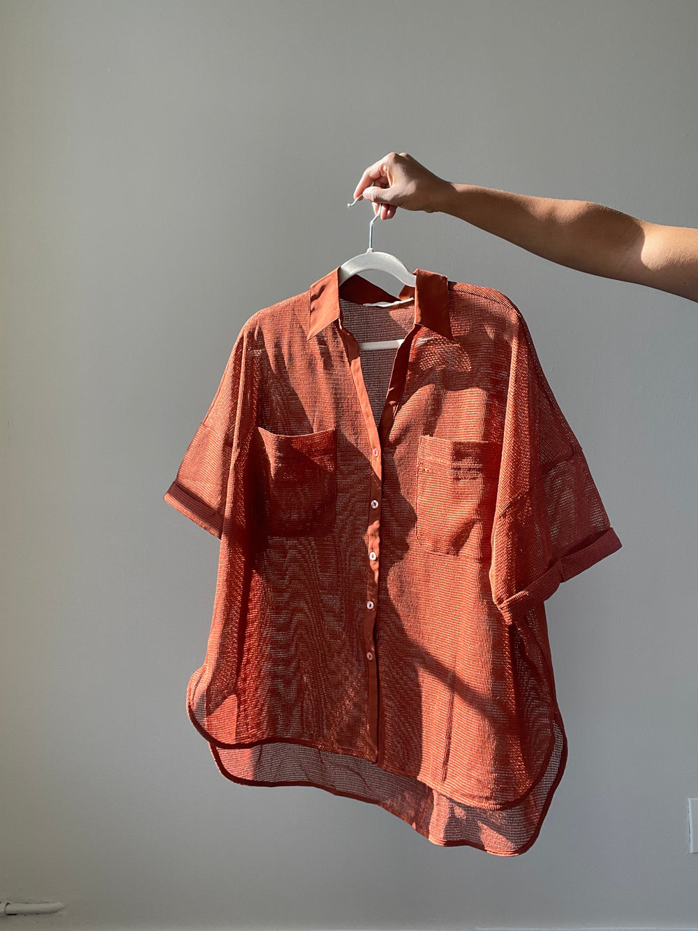Sawyer ￼Knit Mesh Oversized Short Sleeve Button Down In Brick