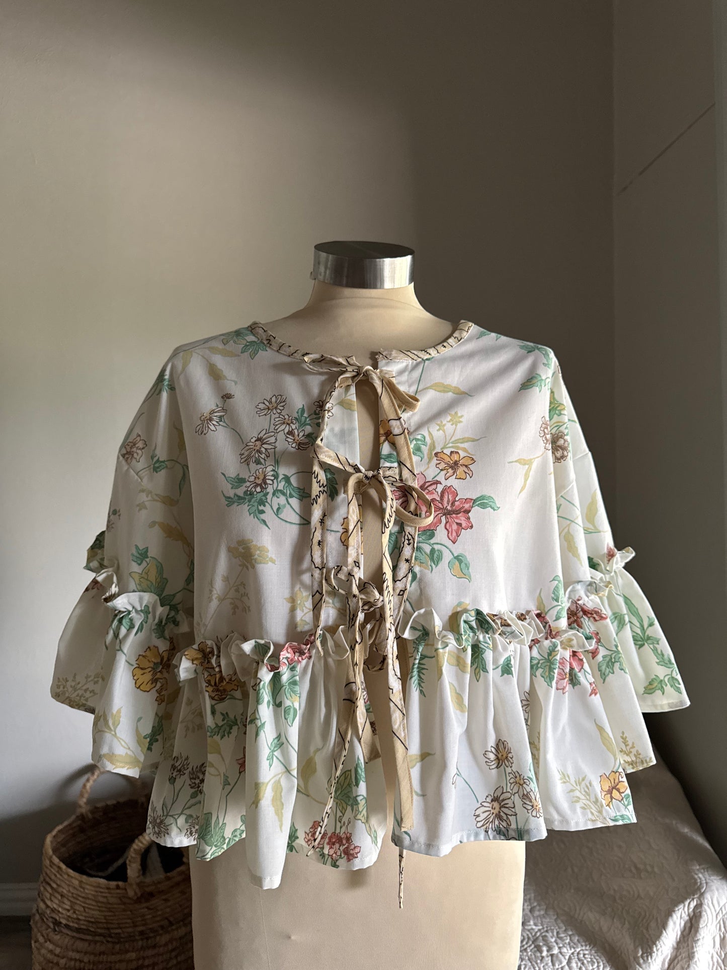 Joycie Vintage Cotton Handcrafted Floral Ruffle Tie Top