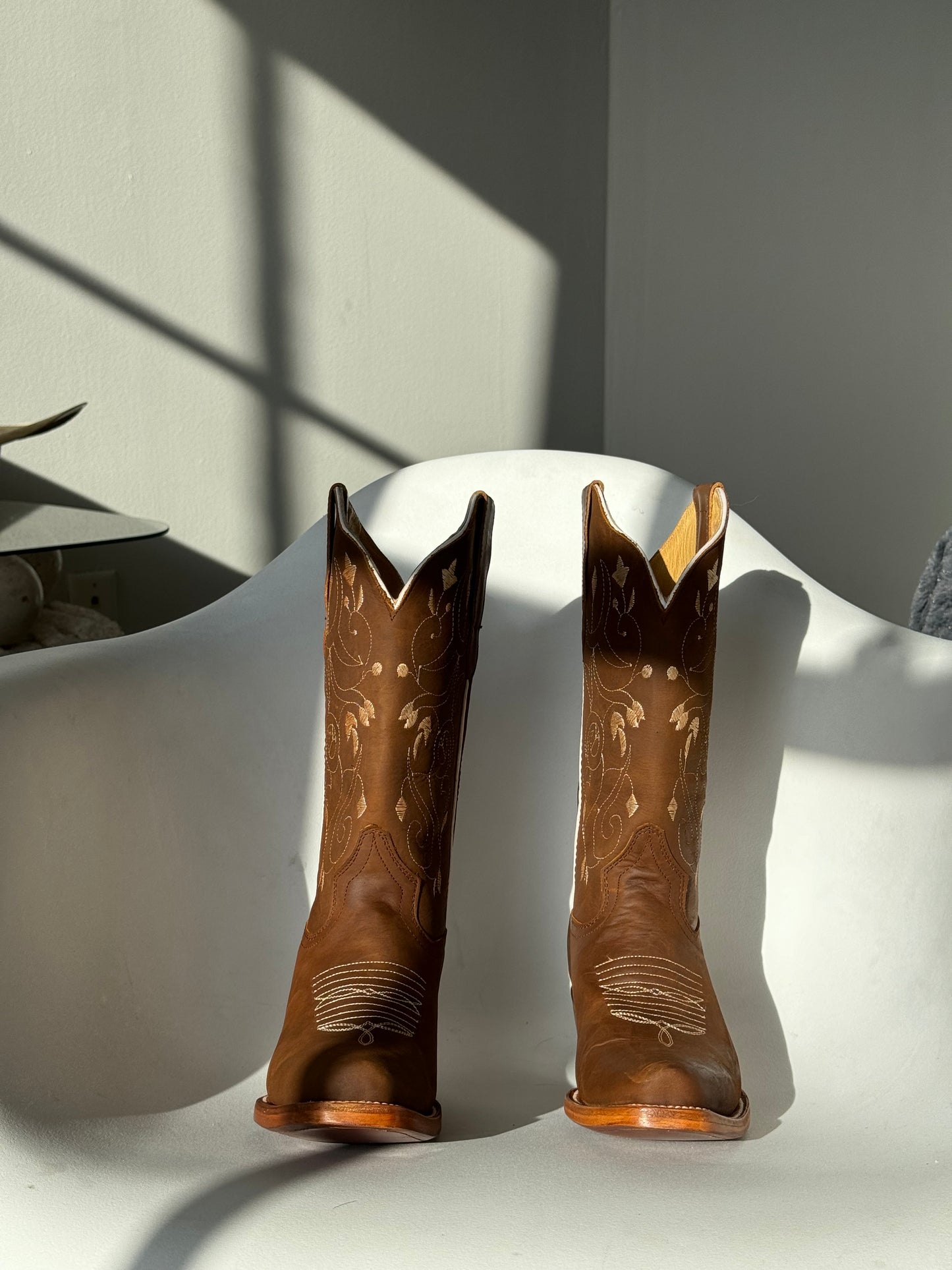 Sadie Genuine Leather Floral Cowboy Boot In Coffee