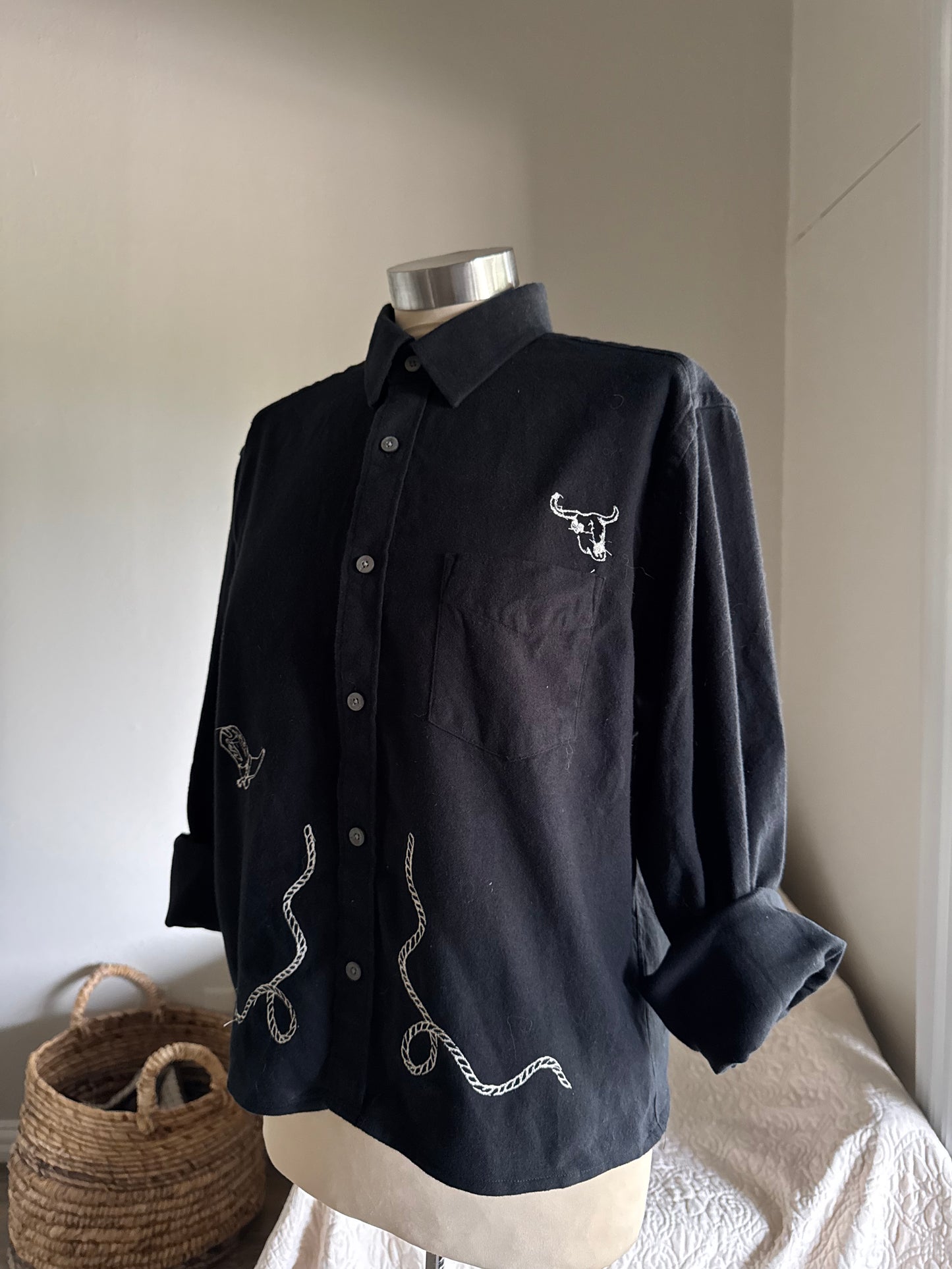 Lawrence Handcrafted Sad Songs Cropped Long Sleeve Button Down In Black