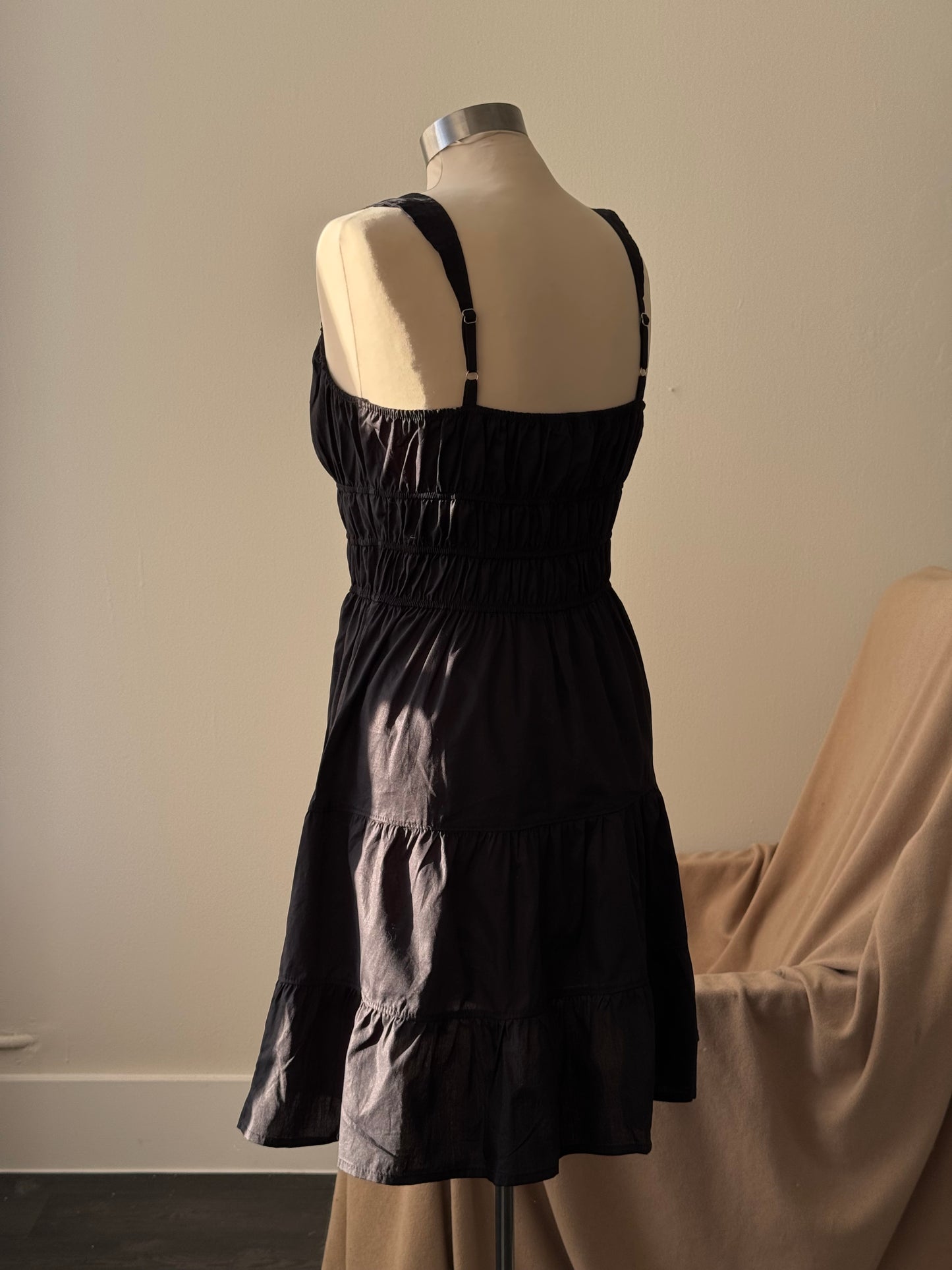 Marissa Cotton Rouged & Tiered Sundress In Black