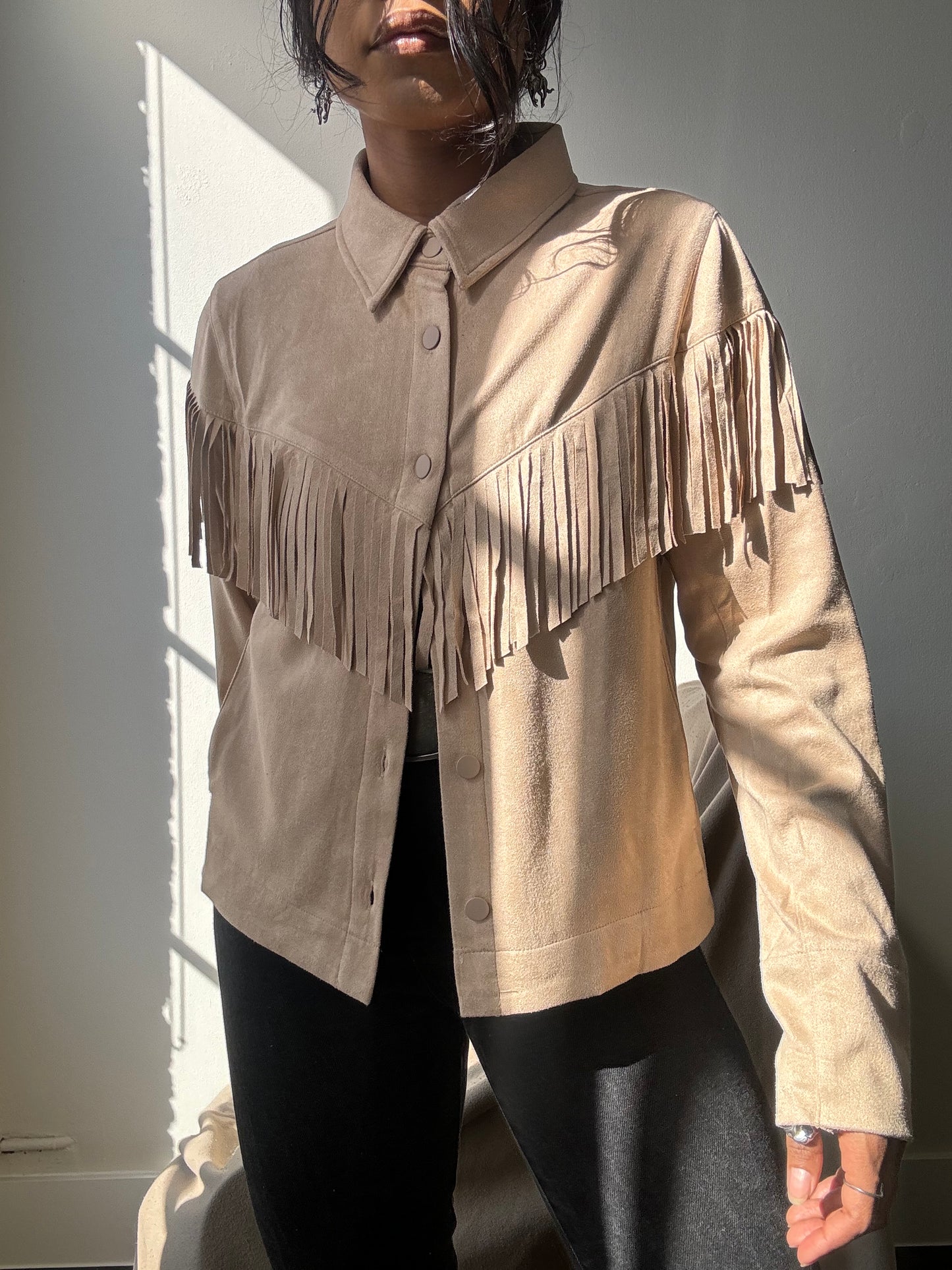 Brooks Cropped Fringe Suede Modern Western Shacket In Taupe