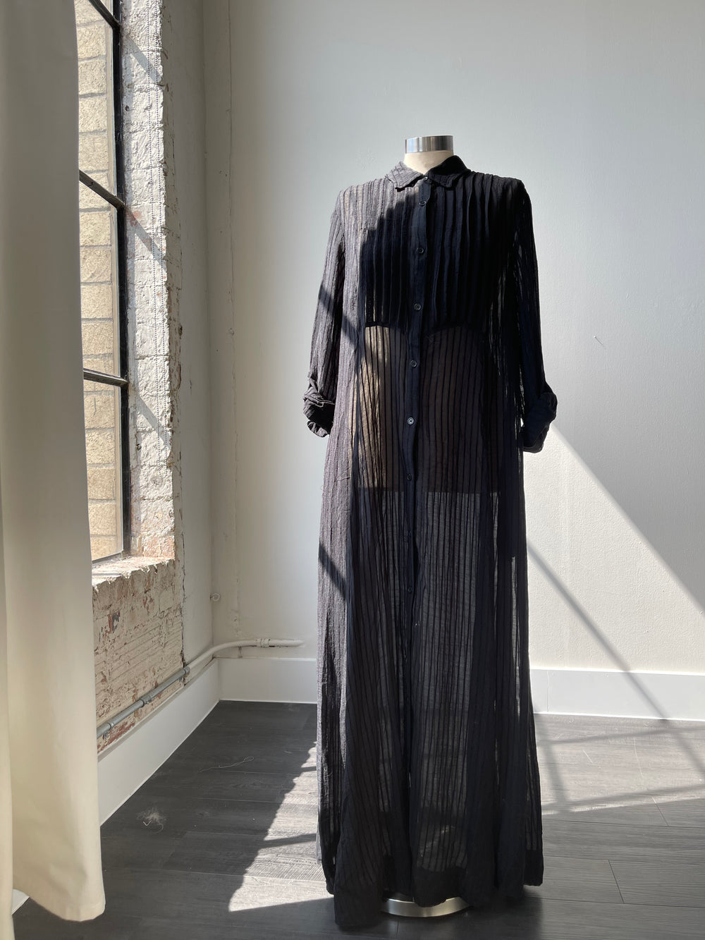 Raven Sheer Button Down Maxi Dress In Black