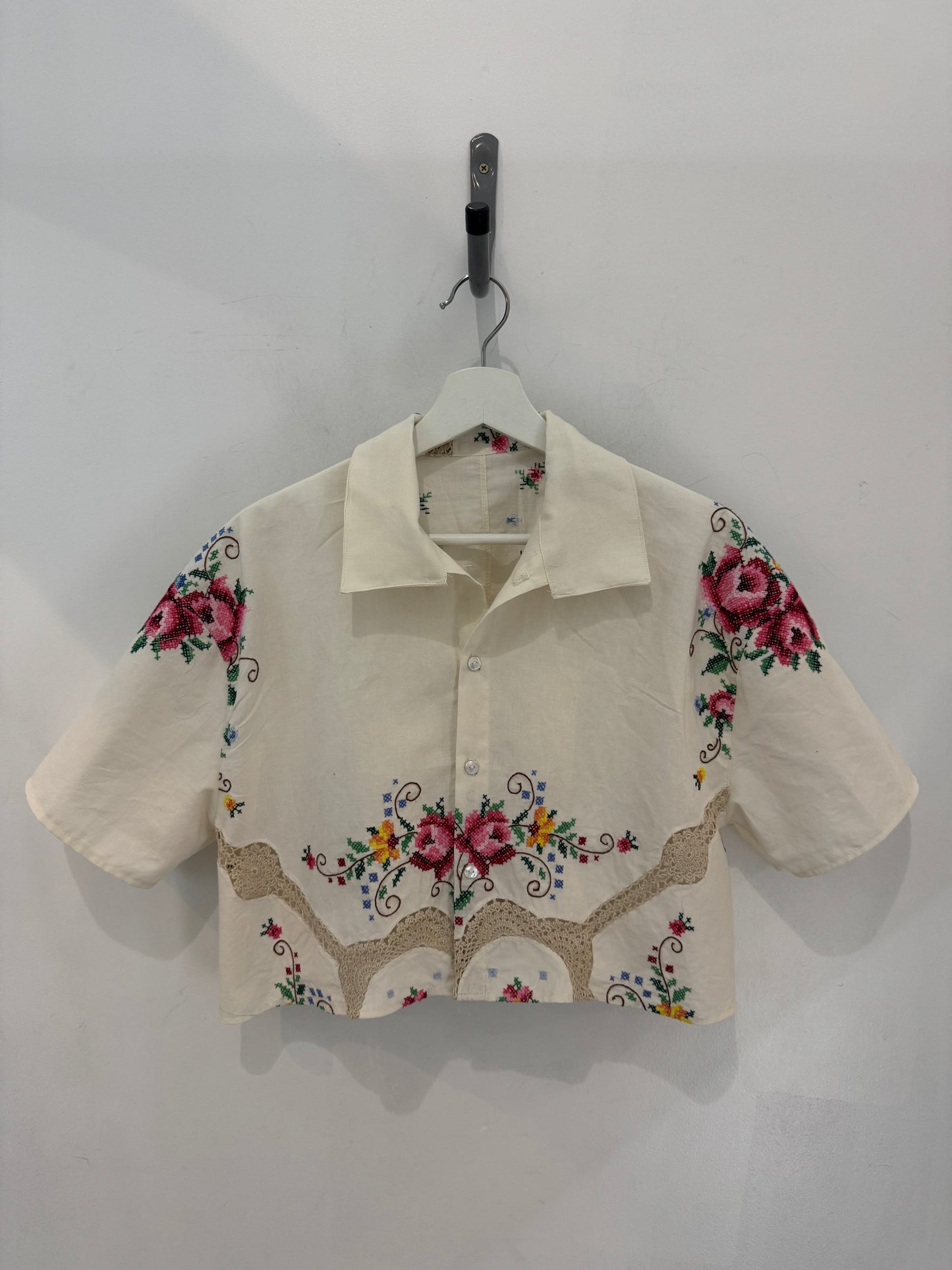 Judy Handcrafted Vintage Embroidered Crochet Cropped Button Down