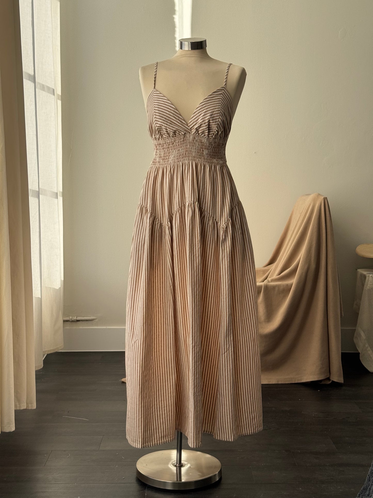 Cherie Cotton Striped Midi Dress In Mocha