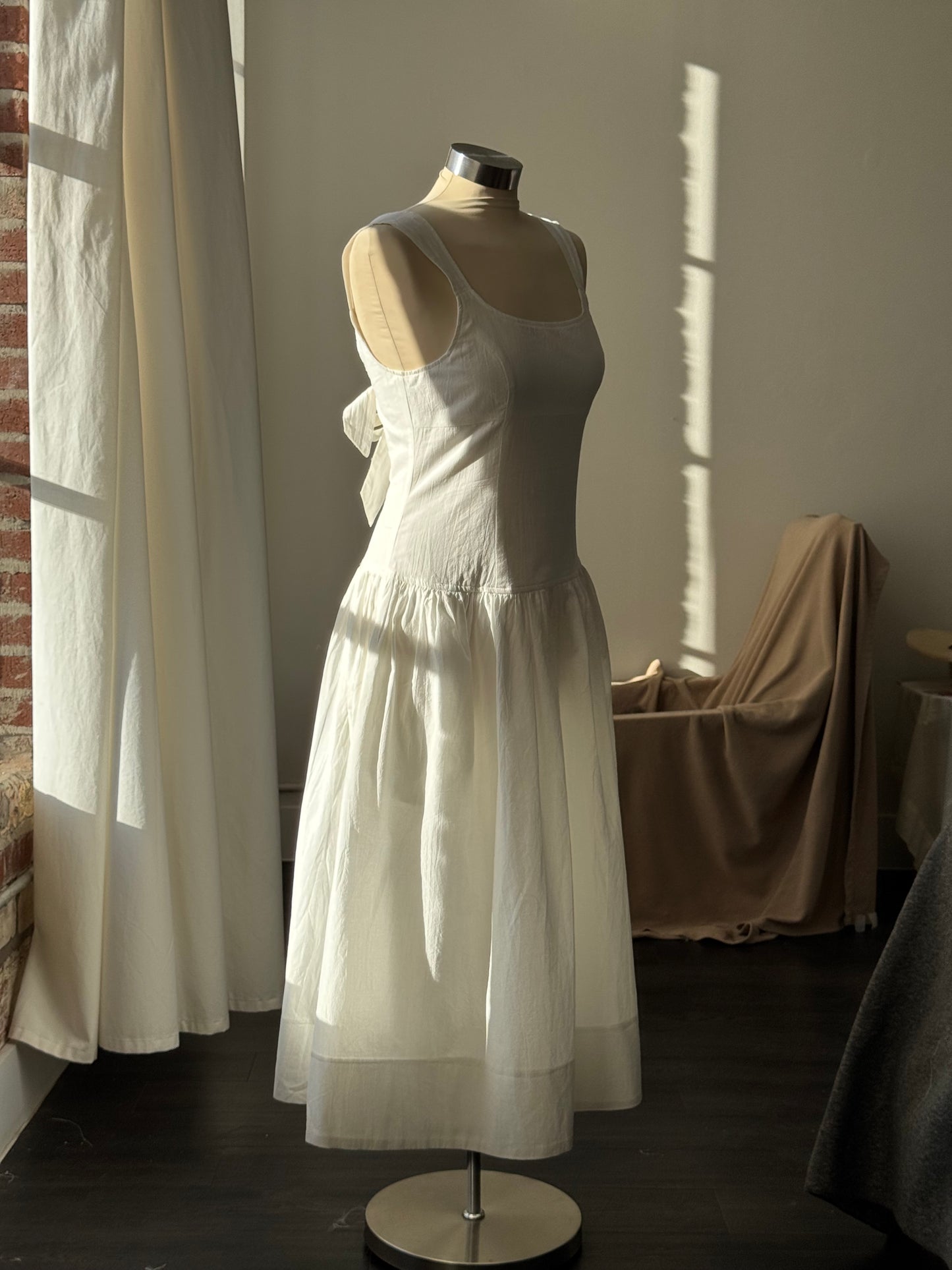 Costella Cotton Lace Up Back Midi Dress in Ivory