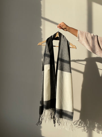 K.A. Jumbo Check Fringe Scarf In Black & Ivory