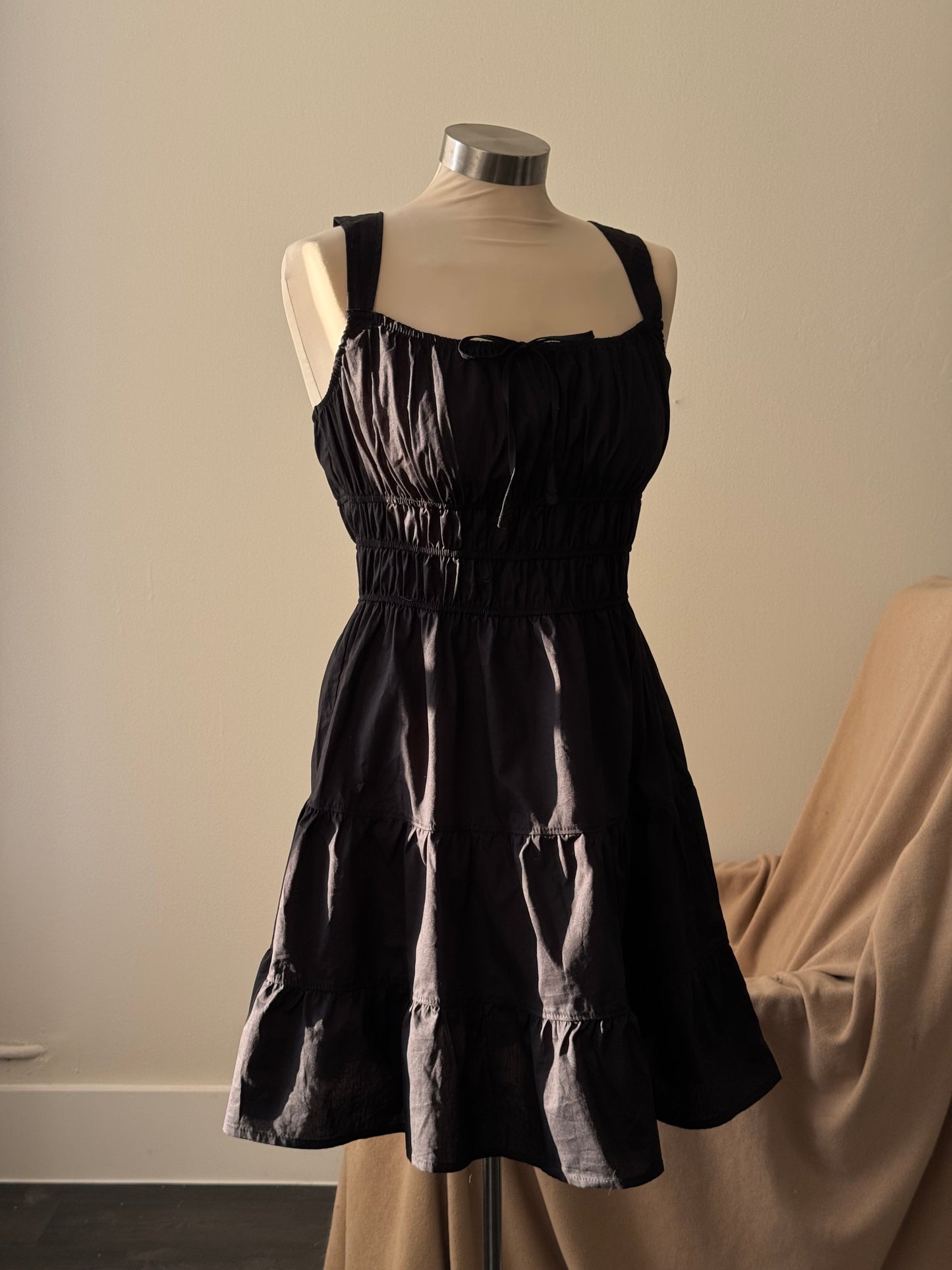 Marissa Cotton Rouged & Tiered Sundress In Black