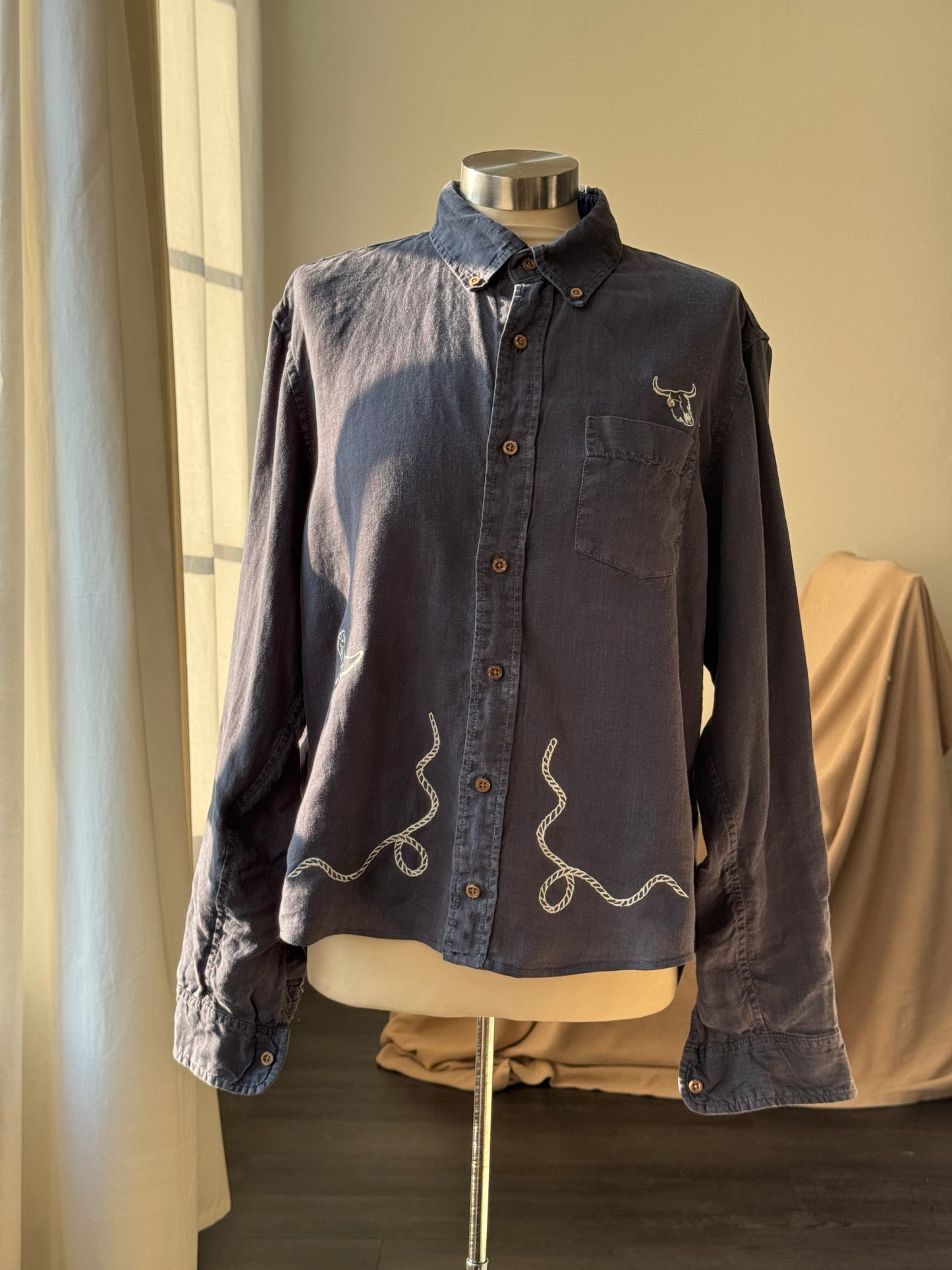 Lawrence Handcrafted Sad Songs Linen Button Down In Vintage Navy