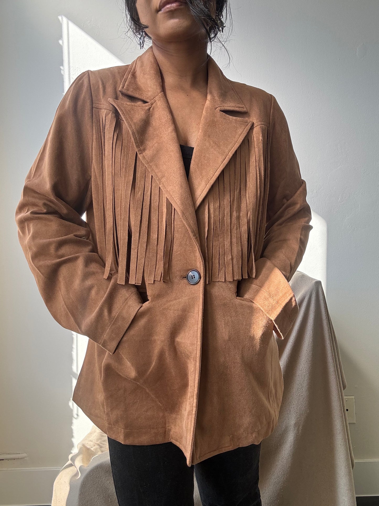 Booker Fringe Suede Modern Western Blazer In Camel