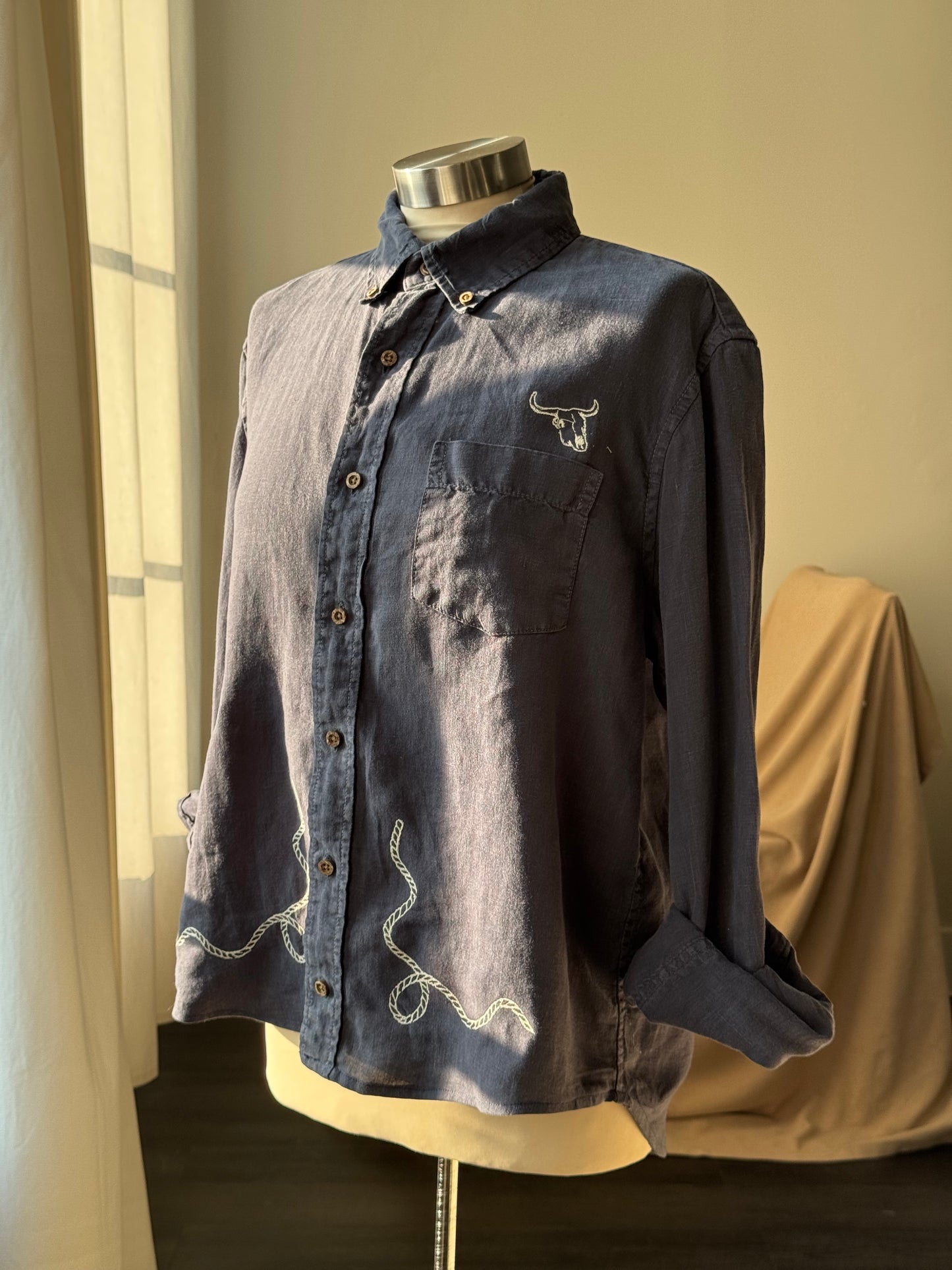 Lawrence Handcrafted Sad Songs Linen Button Down In Vintage Navy