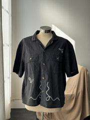 Judy Handcrafted Sad Songs Linen Cropped Button Down Short Sleeve In Vintage Black