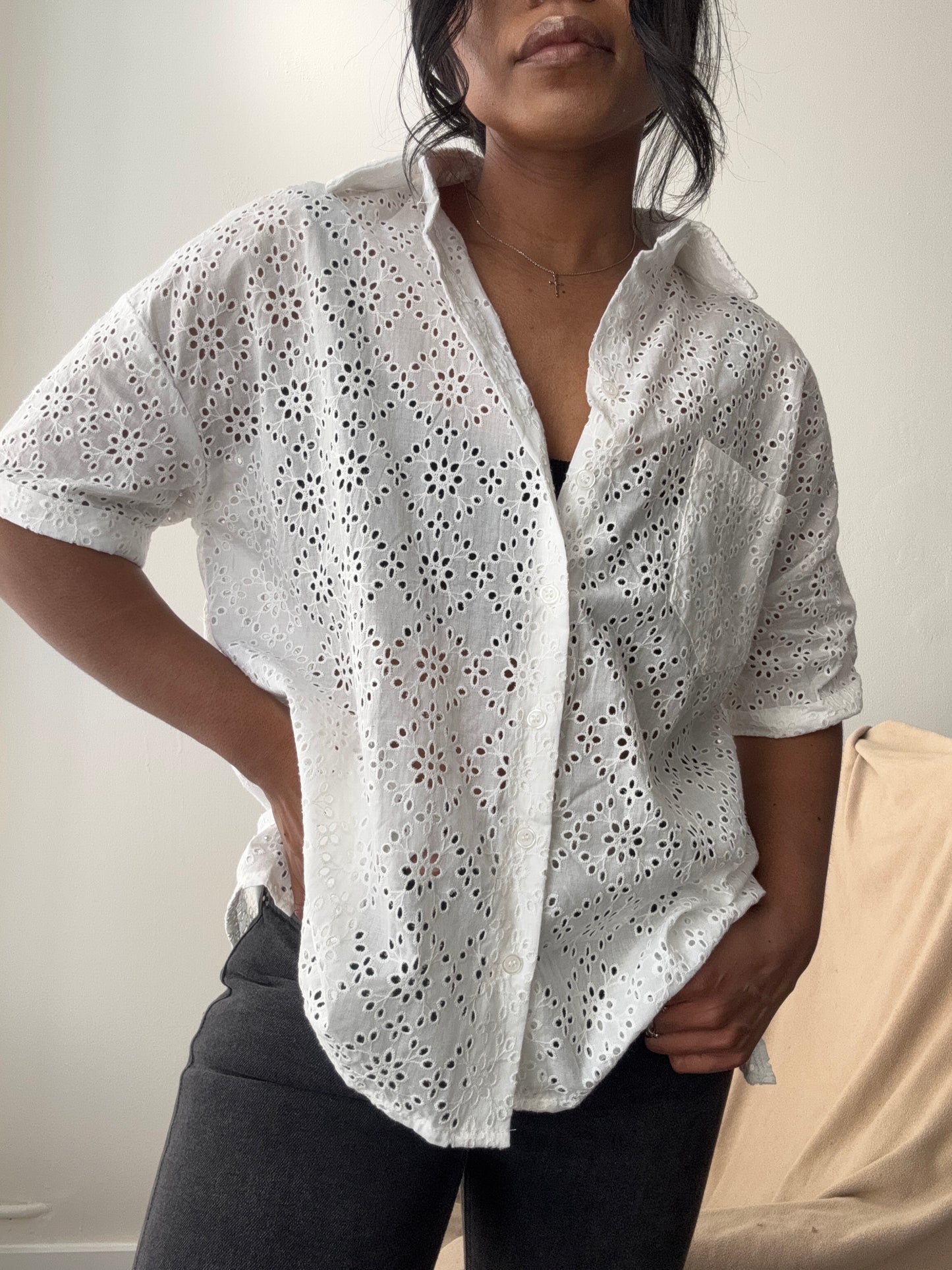 Courtney Cotton Eyelet Button Down Shirt In White