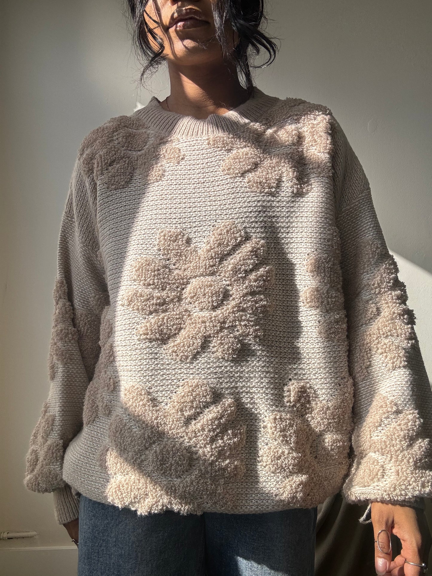 Mable Cotton Knit Floral Pullover Sweater In Natural