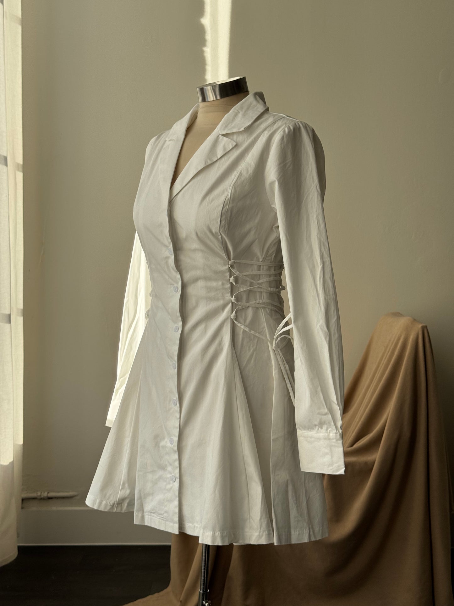 Loran Cotton Side Corset Button Down Long Sleeve Dress In White