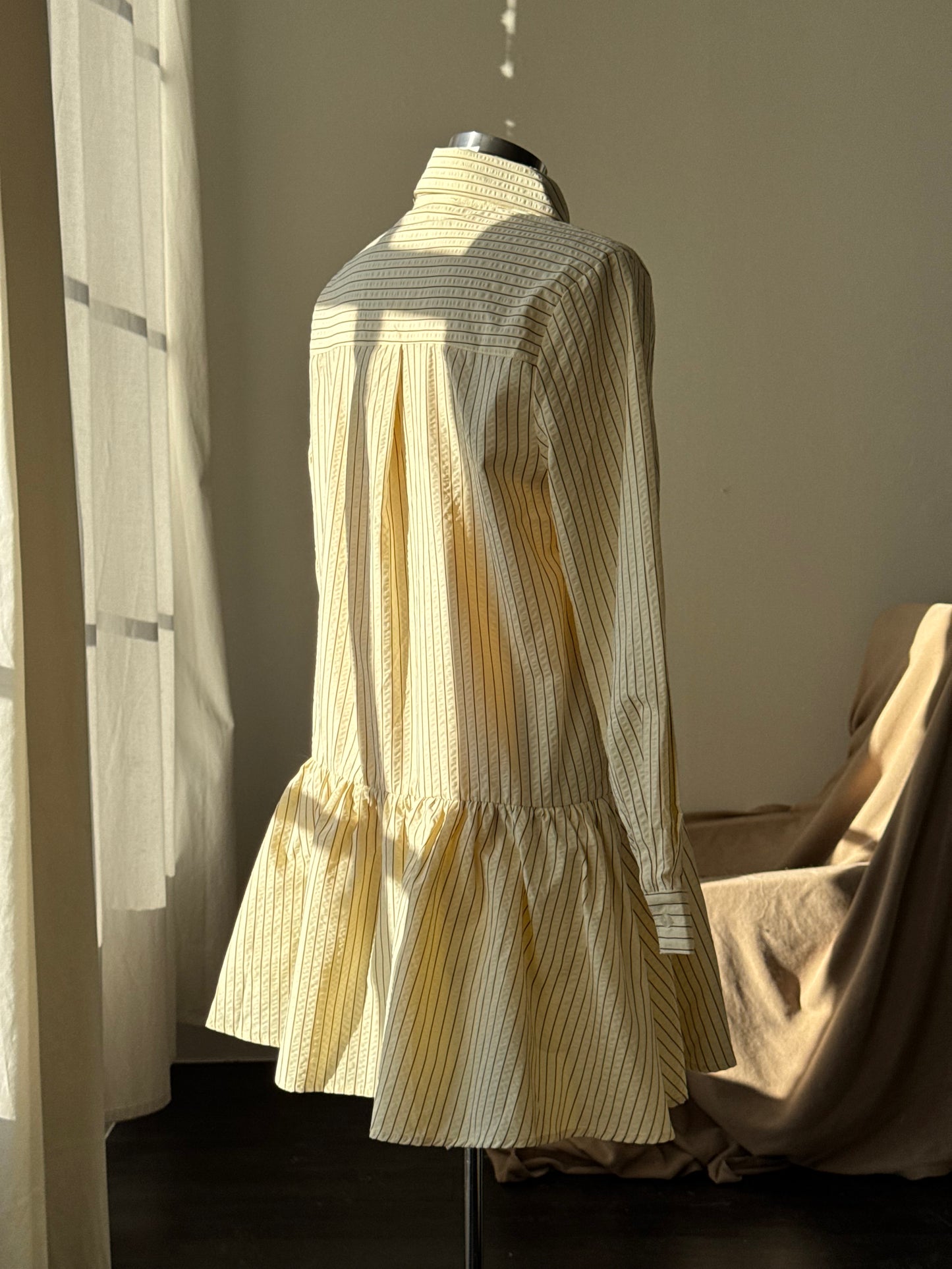 Cynthia Cotton Button Down Long Sleeve Striped Dress In Vanilla & Brown￼