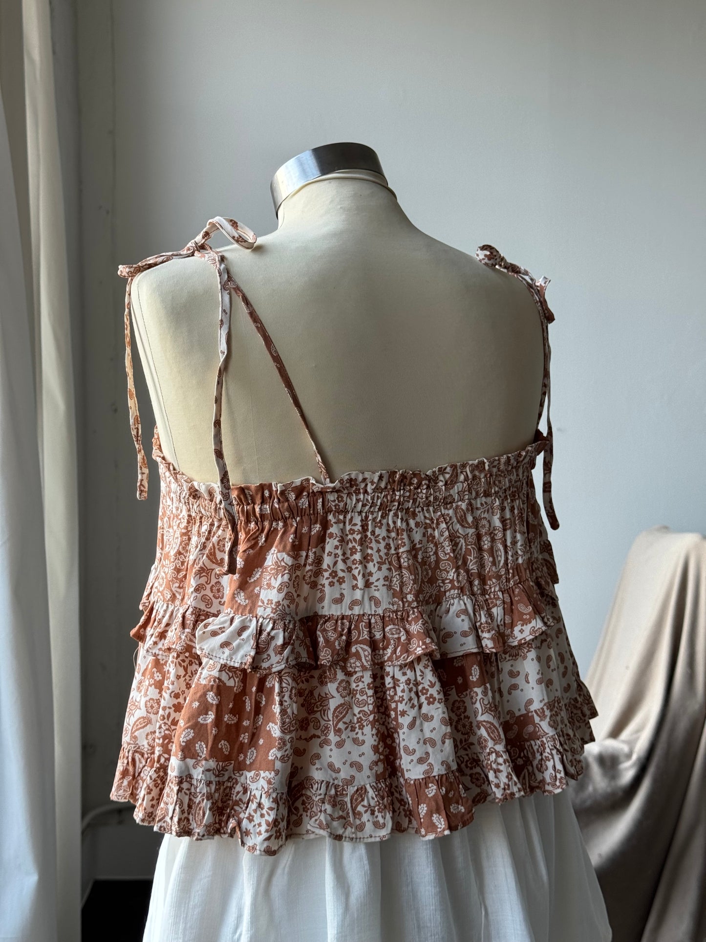 Terry Paisley Patch Bandana Ruffle Top In Red Canyon