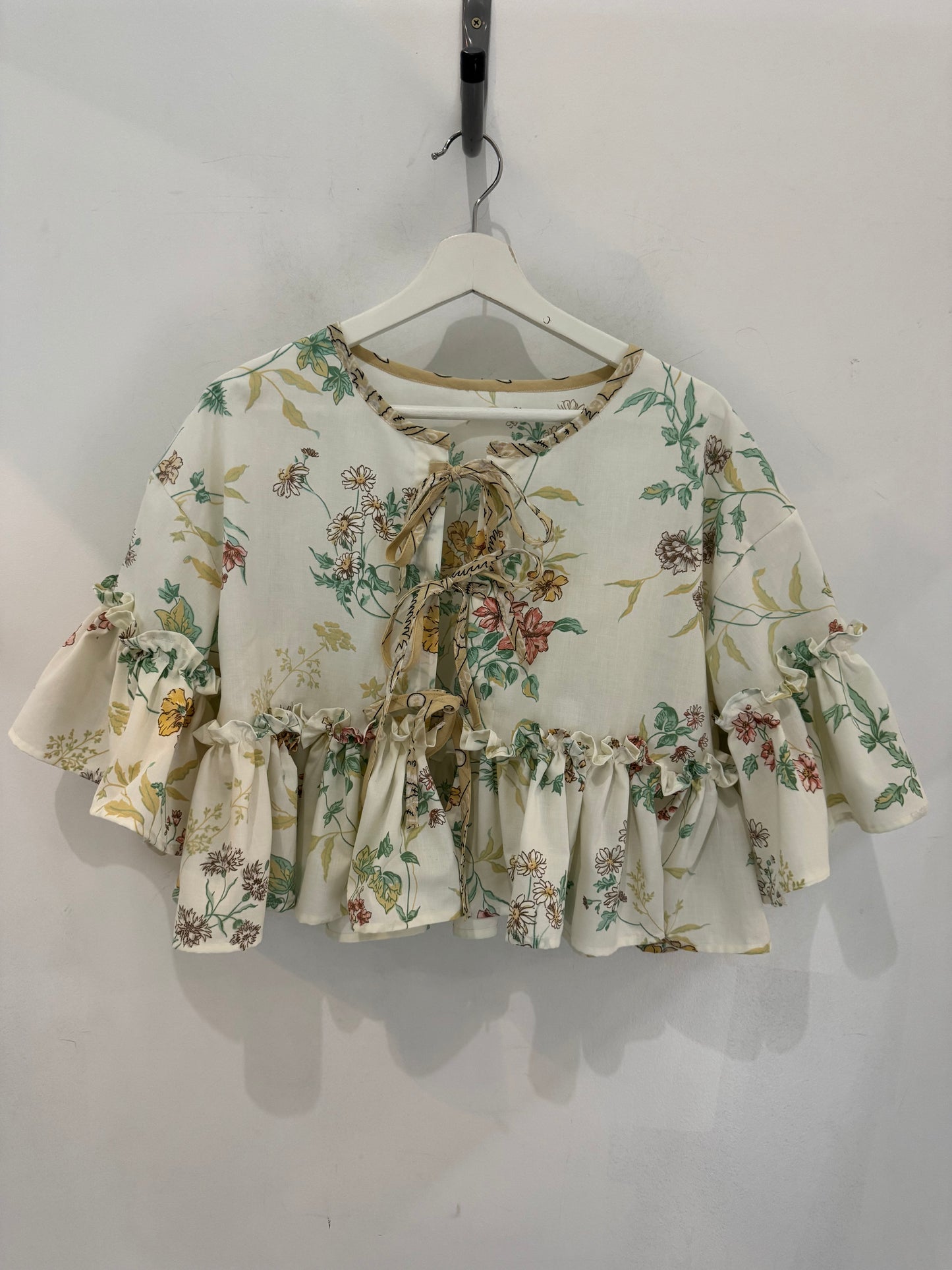 Joycie Vintage Cotton Handcrafted Floral Ruffle Tie Top