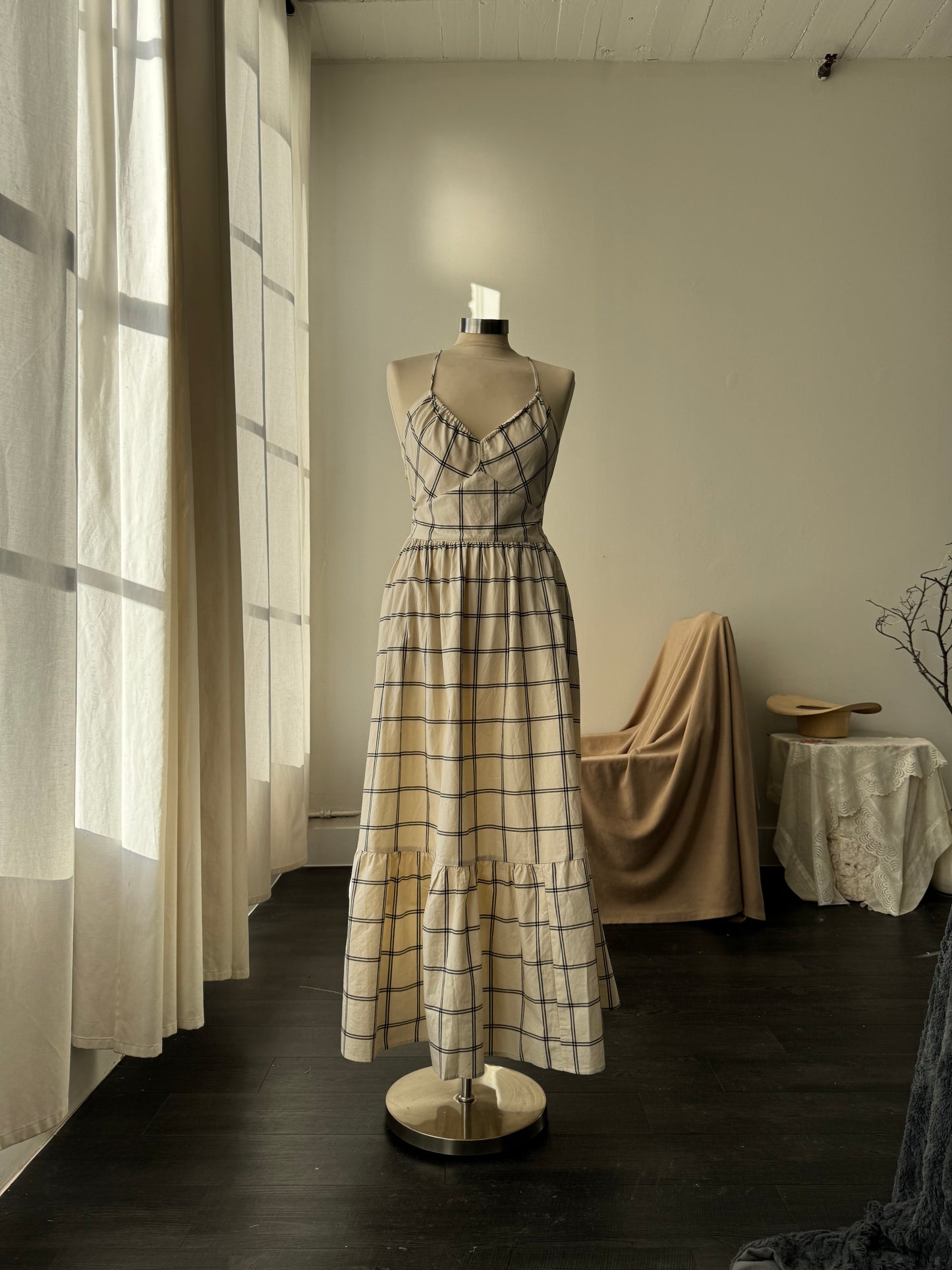 Lydia Cotton Plaid Maxi Dress In Cream￼