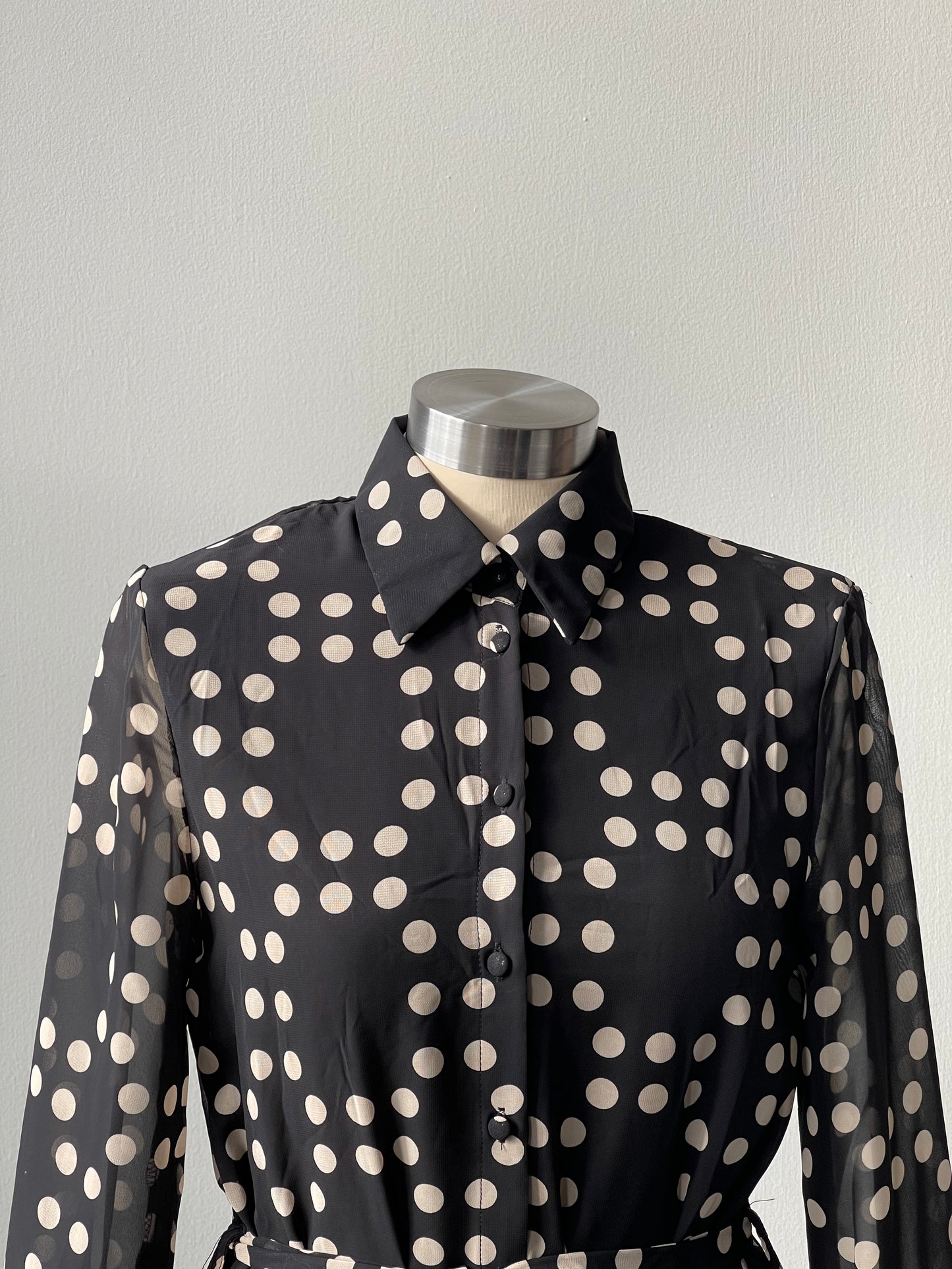 Miley Polkadot Belted Sheer Balloon Sleeve Button Down Dress In Midnight Navy