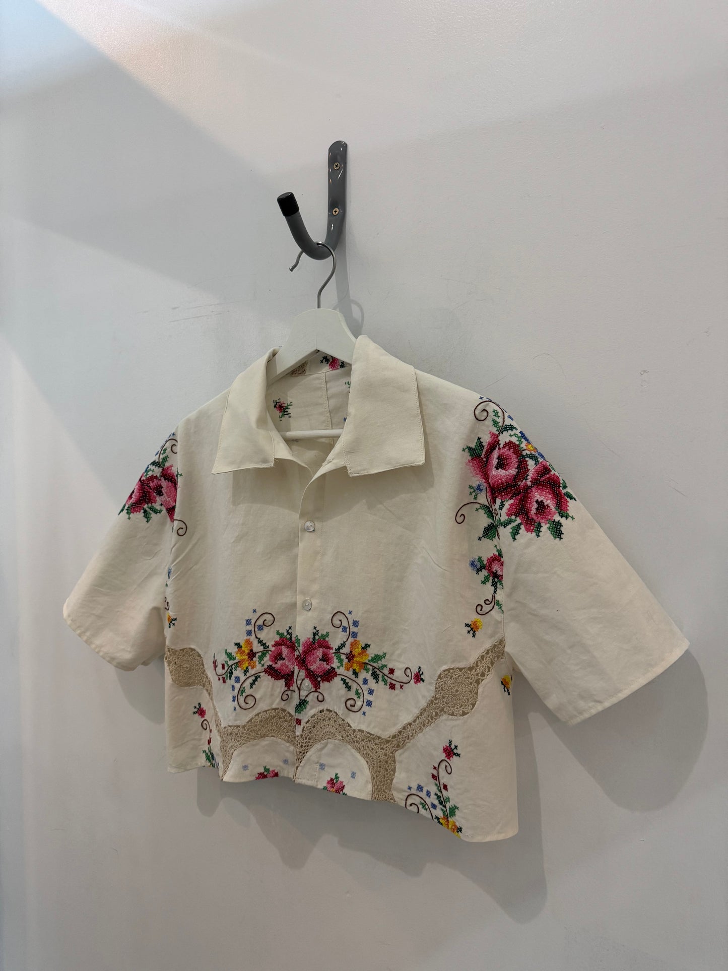 Judy Handcrafted Vintage Embroidered Crochet Cropped Button Down