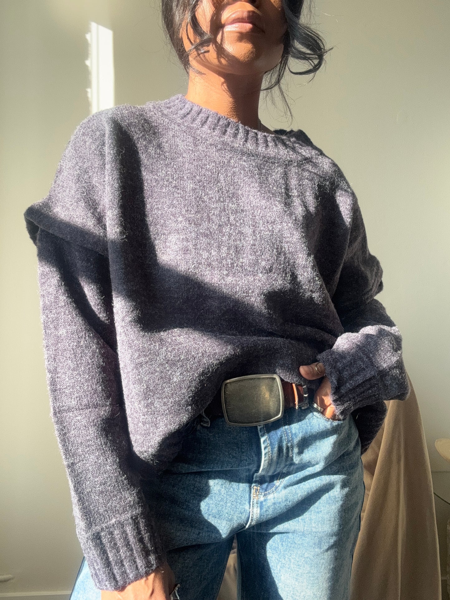 Micah Drop Shoulder Crop Pullover Sweater In Vintage Charcoal