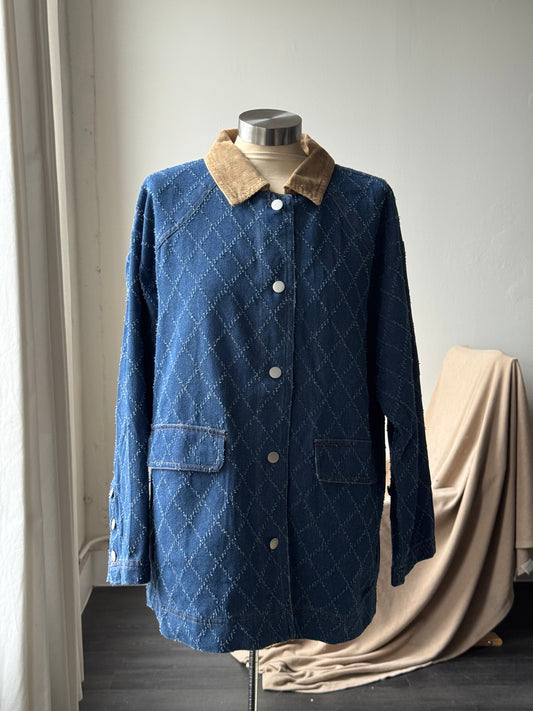 Deidre Classic Distressed Diamond Stitched Denim Jacket In Indigo