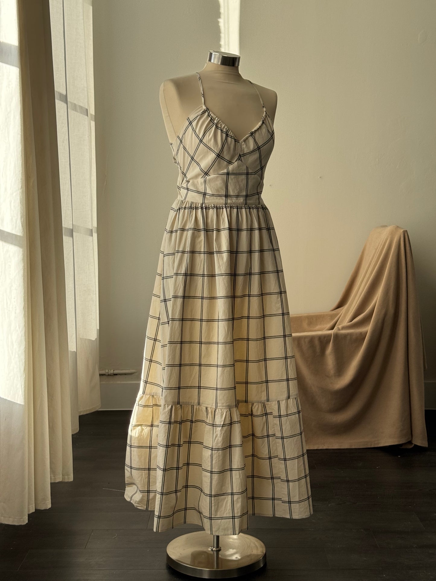 Lydia Cotton Plaid Maxi Dress In Cream￼