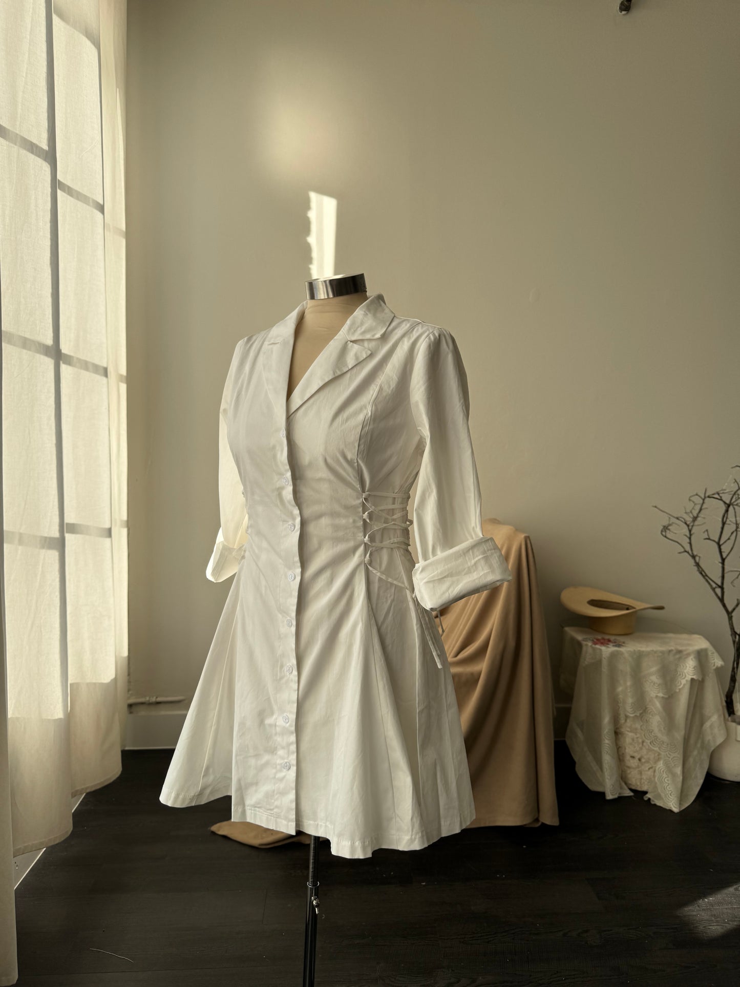 Loran Cotton Side Corset Button Down Long Sleeve Dress In White