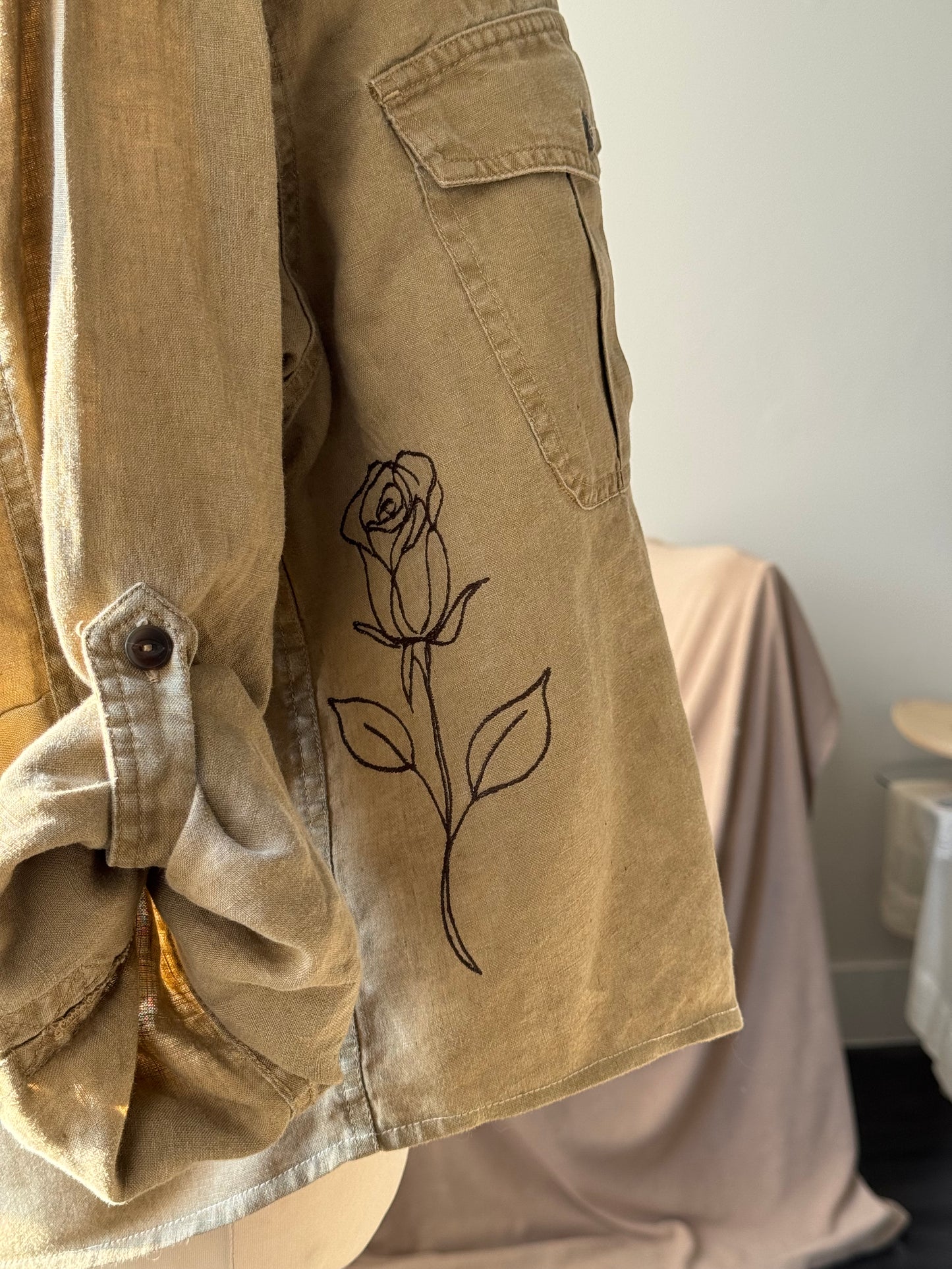 The Lawrence Handcrafted Utility Cropped Linen Button Down Shacket In Sand