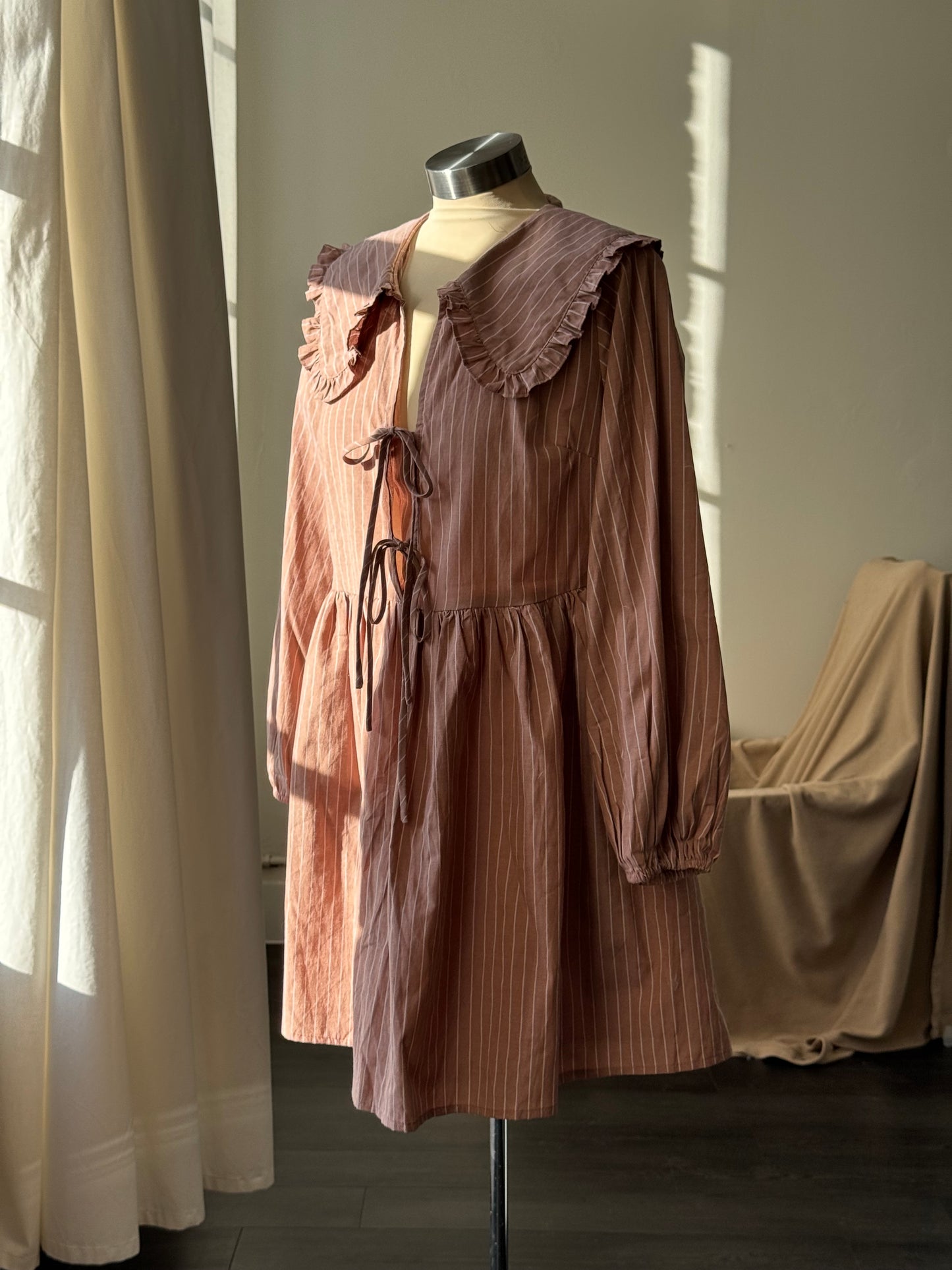 Odessa Striped Tie Front Ruffle Collar Cotton Dress In Malt