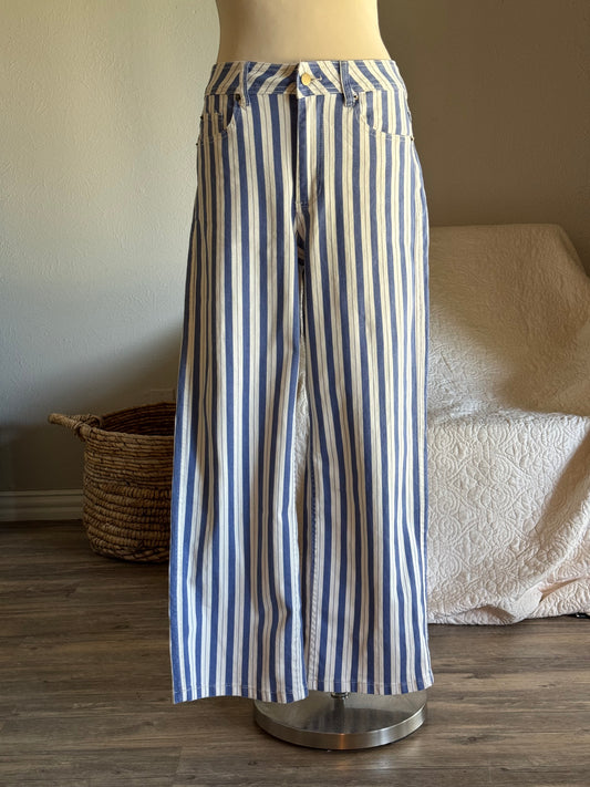 Clarice Cotton Striped Classic Straight Denim In Vintage Blue