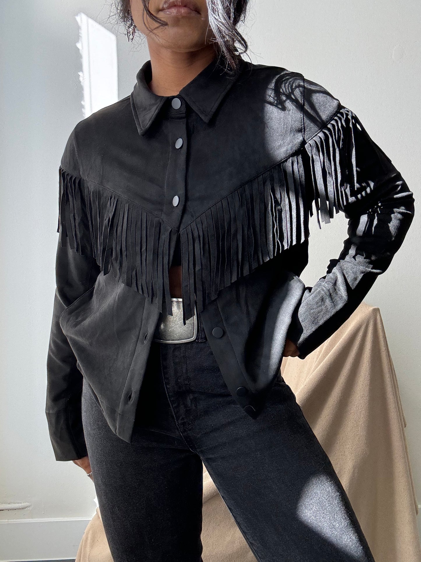 Brooks Cropped Fringe Suede Modern Western Shacket In Black