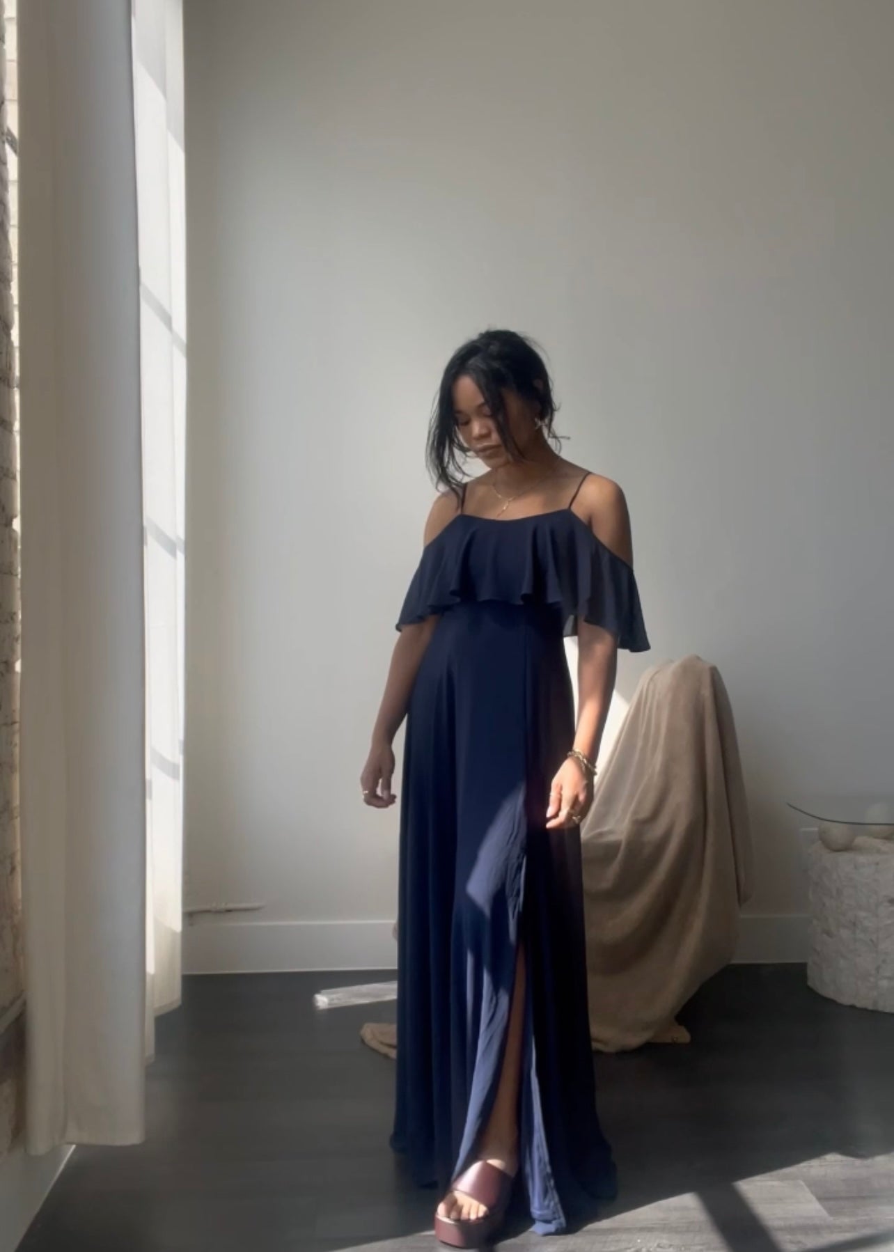 Dawson Cami Slit Maxi Evening Dress In Midnight Navy