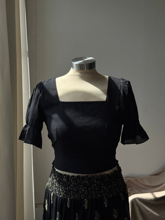 Delilah Cotton Open Back Square Neck Crop Top In Black