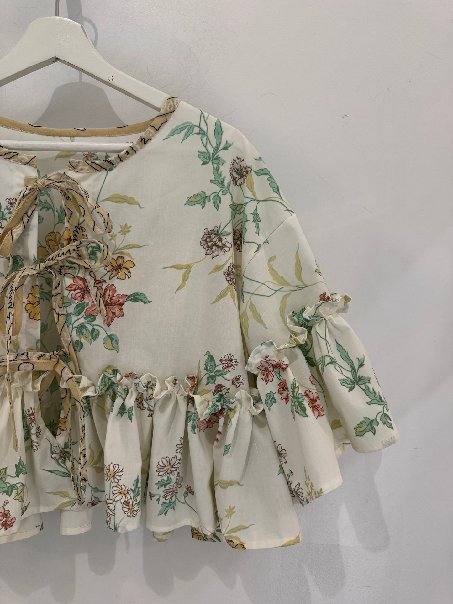 Joycie Vintage Cotton Handcrafted Floral Ruffle Tie Top