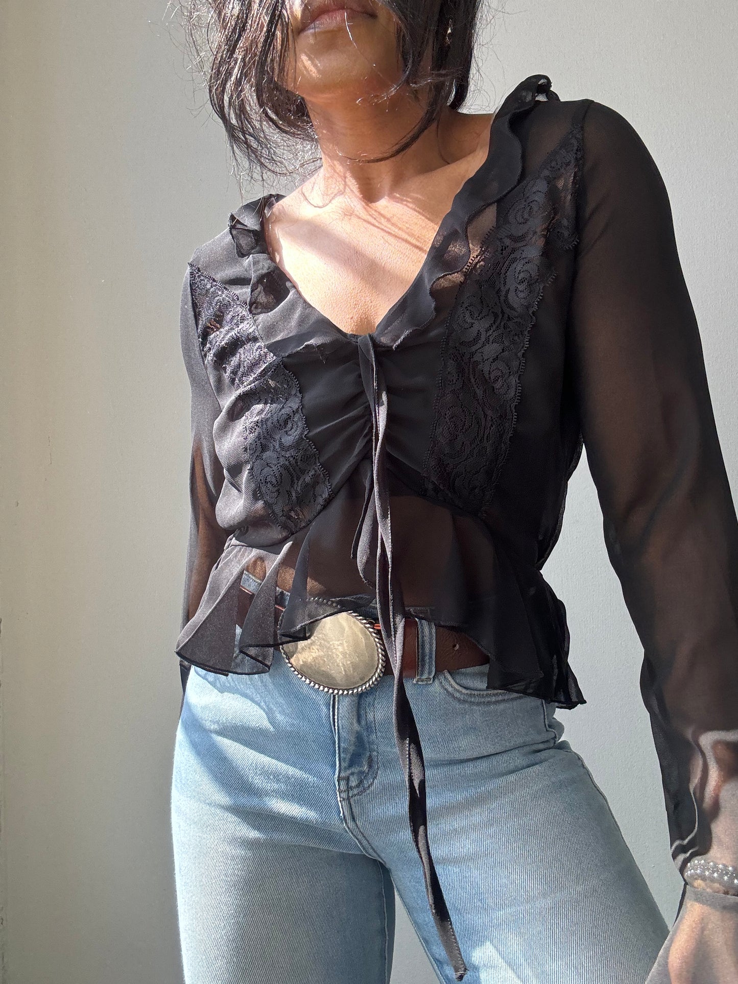 Melody Sheer Lace Tie Front Ruffled Top In Black