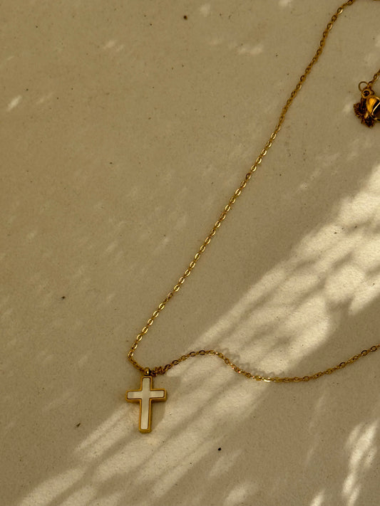 Oliver Mother Of Pearl 18k Stainless Steel Waterproof Cross Necklace In Gold